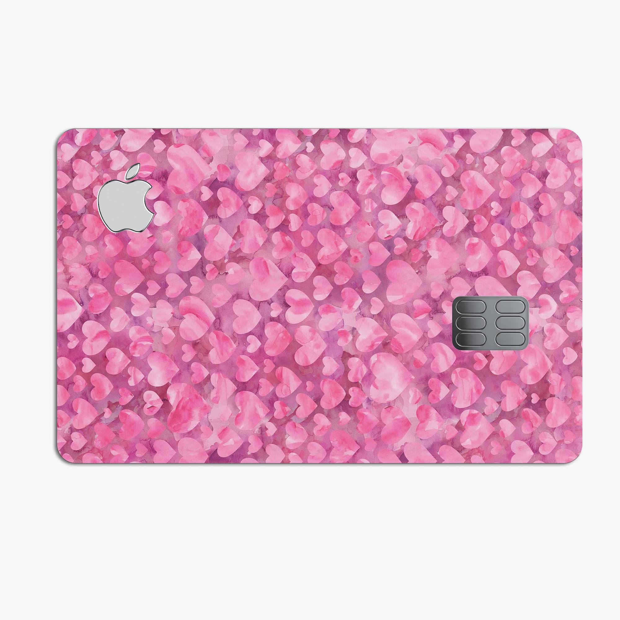 Pink Watercolor Hearts decal skin for Apple Card, showcasing vibrant heart designs on a protective vinyl layer.