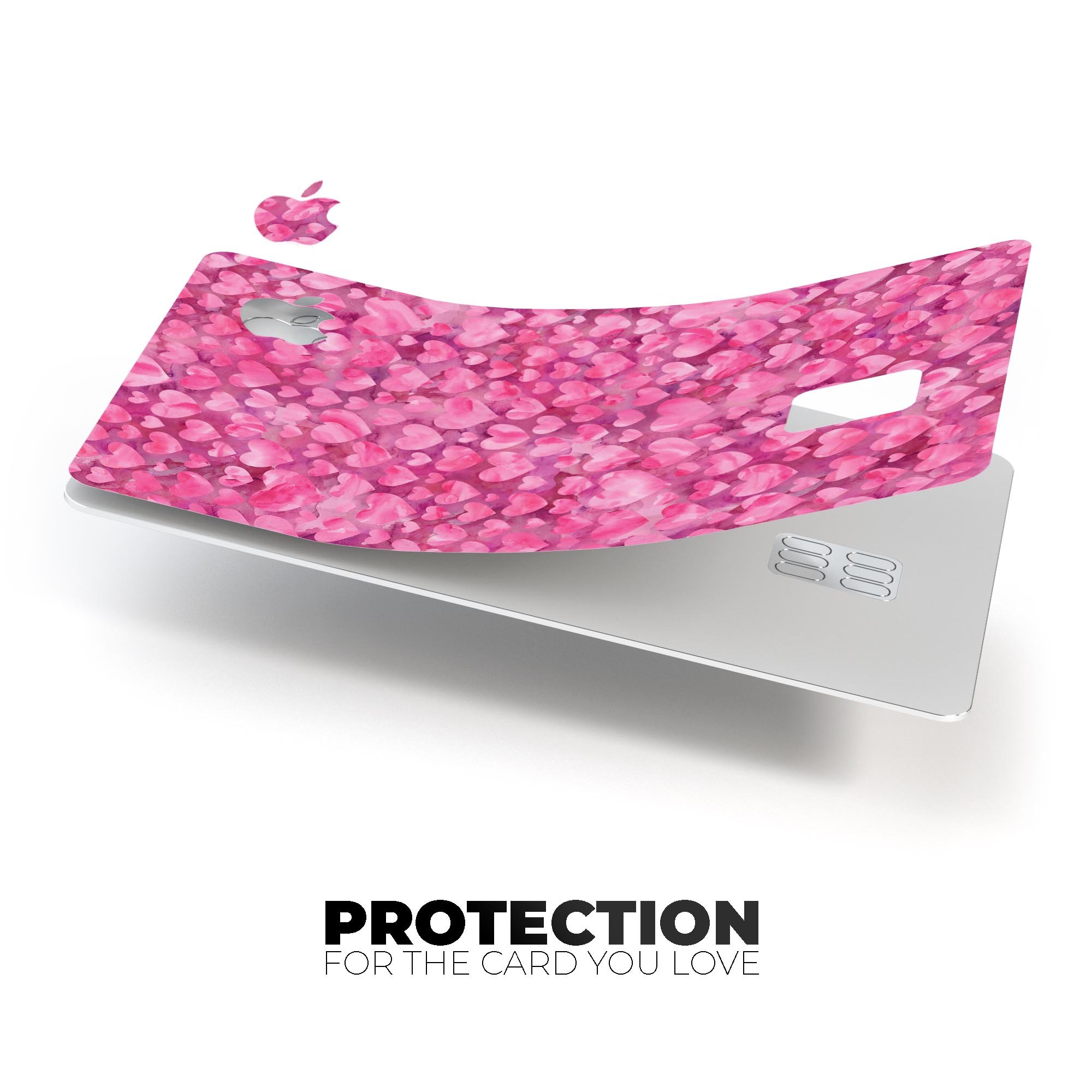 Pink Watercolor Hearts decal skin for Apple Card, showcasing vibrant heart designs on a protective vinyl layer.