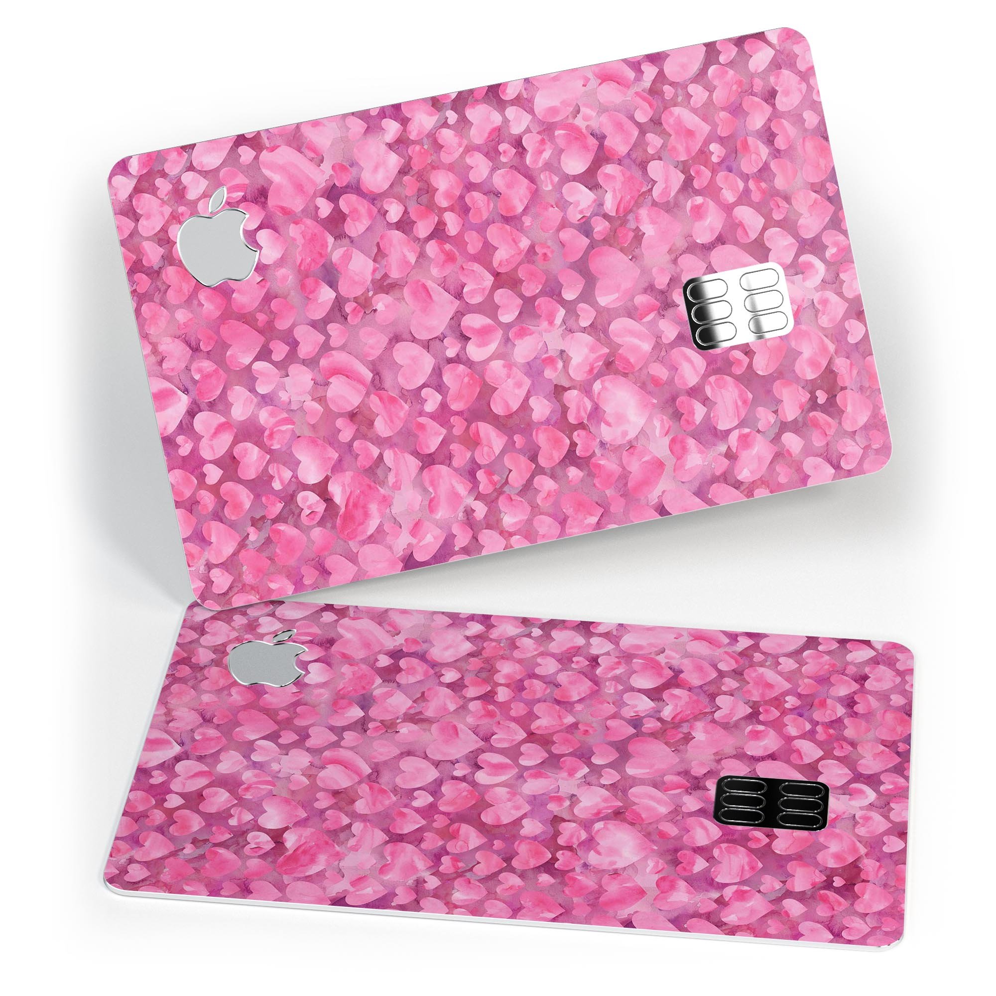 Pink Watercolor Hearts decal skin for Apple Card, showcasing vibrant heart designs on a protective vinyl layer.