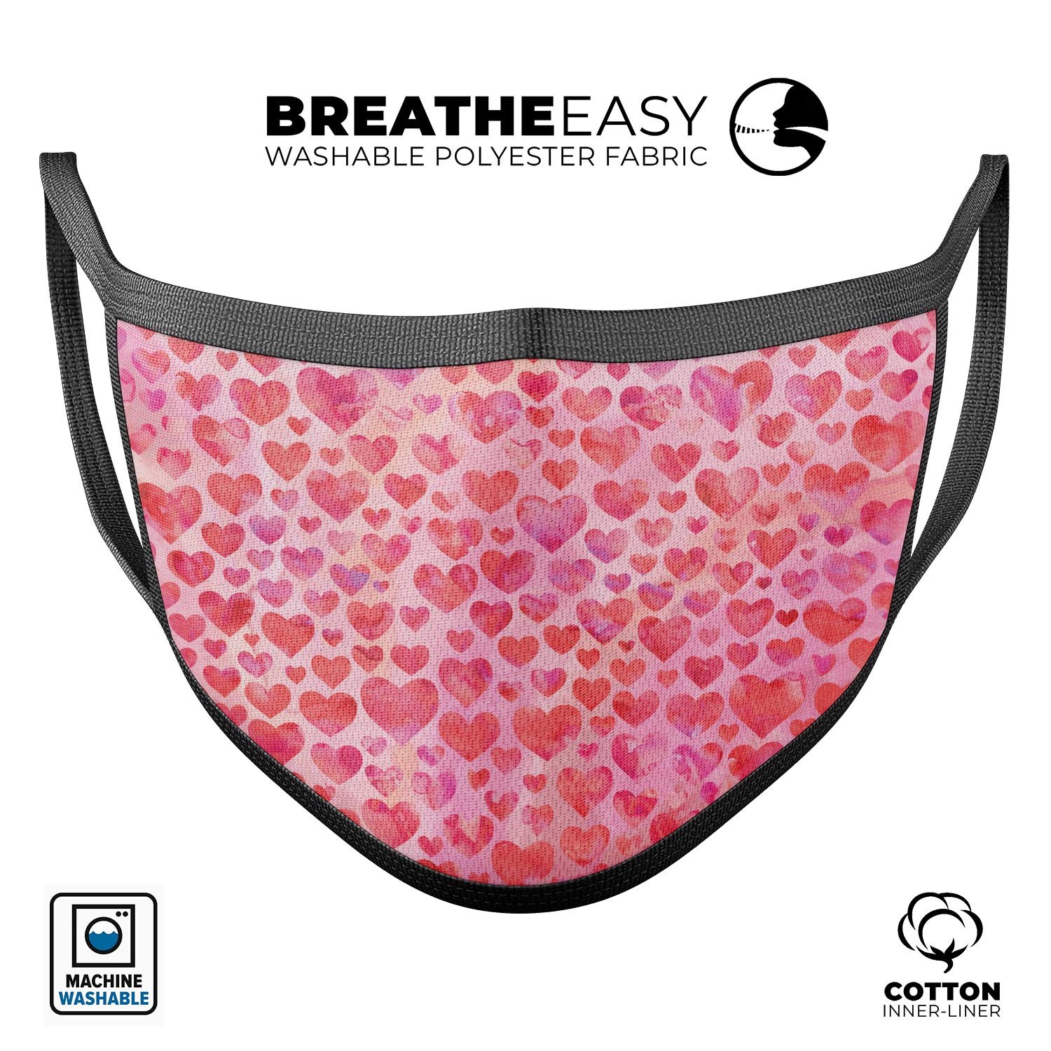 Pink Watercolor Hearts V2 mouth cover, featuring a stylish design and adjustable ear-loop bands for a comfortable fit.