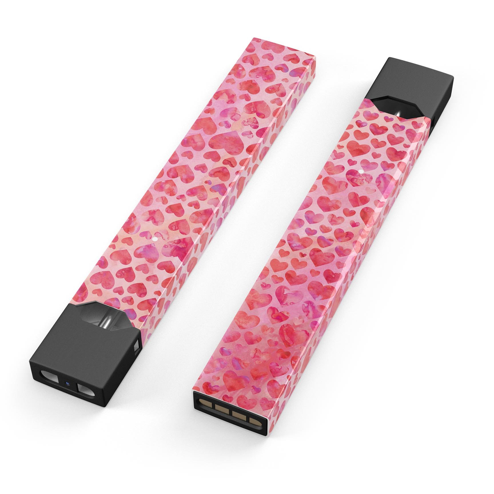 Pink Watercolor Hearts V2 decal skin for JUUL vaping device, showcasing vibrant heart designs on a protective wrap.