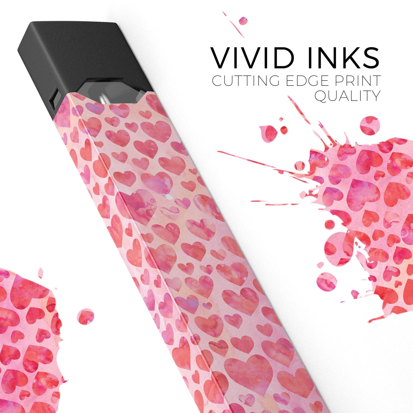 Pink Watercolor Hearts V2 decal skin for JUUL vaping device, showcasing vibrant heart designs on a protective wrap.