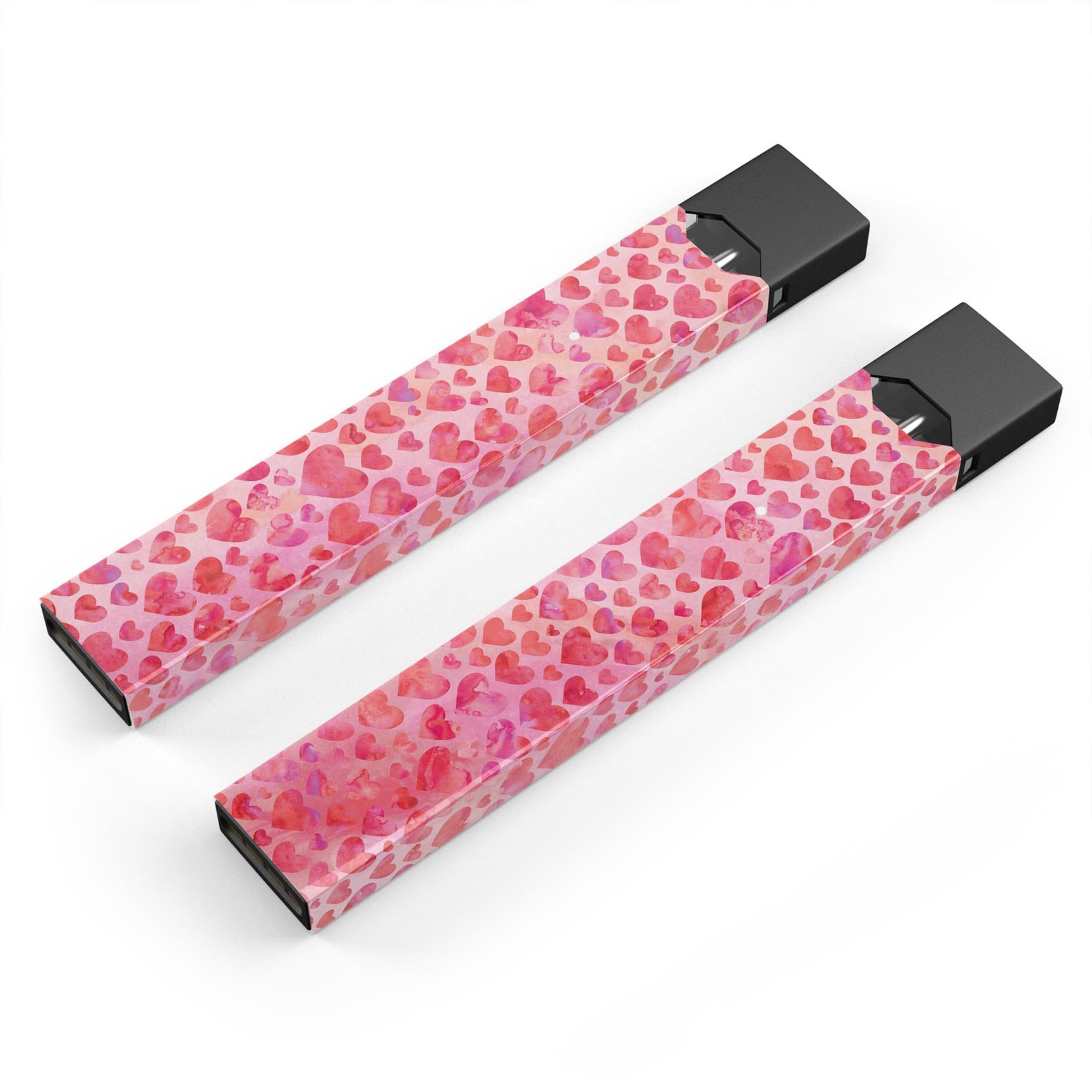 Pink Watercolor Hearts V2 decal skin for JUUL vaping device, showcasing vibrant heart designs on a protective wrap.