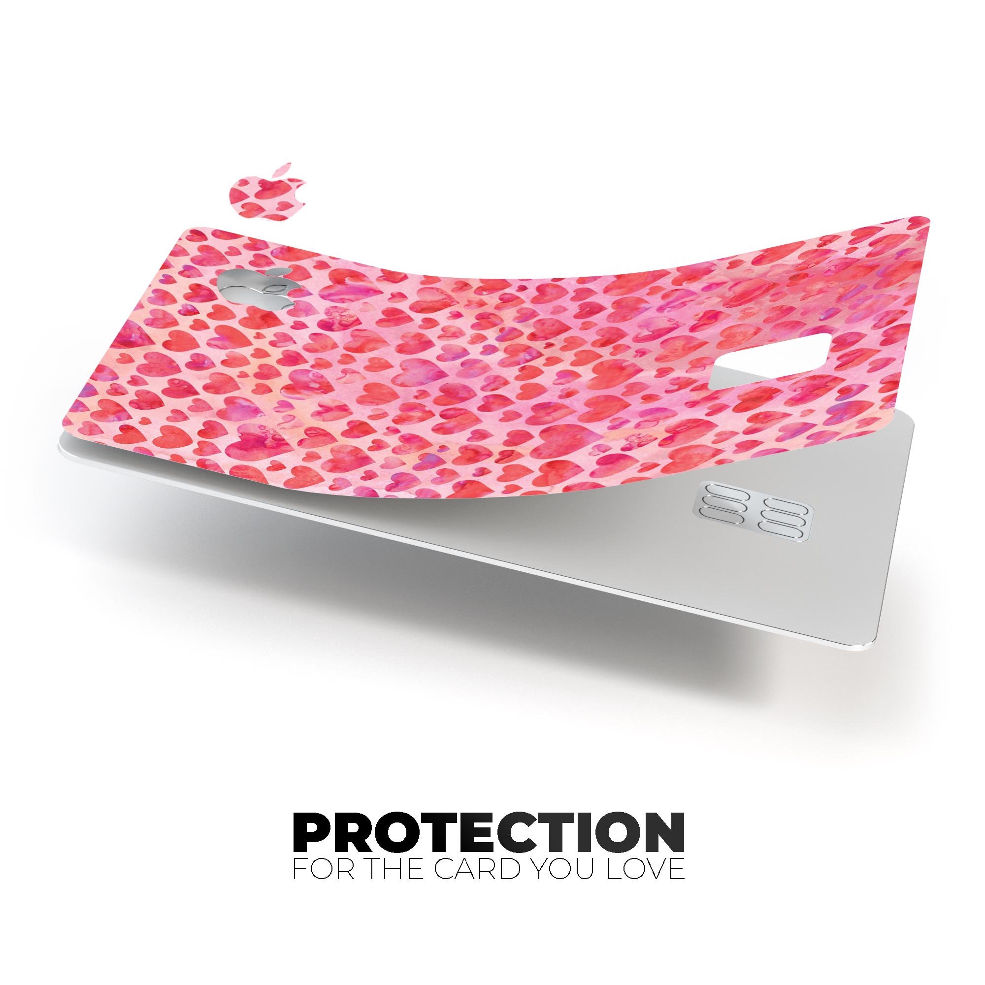 Pink Watercolor Hearts V2 decal skin for Apple Card, showcasing vibrant heart designs on a protective vinyl surface.