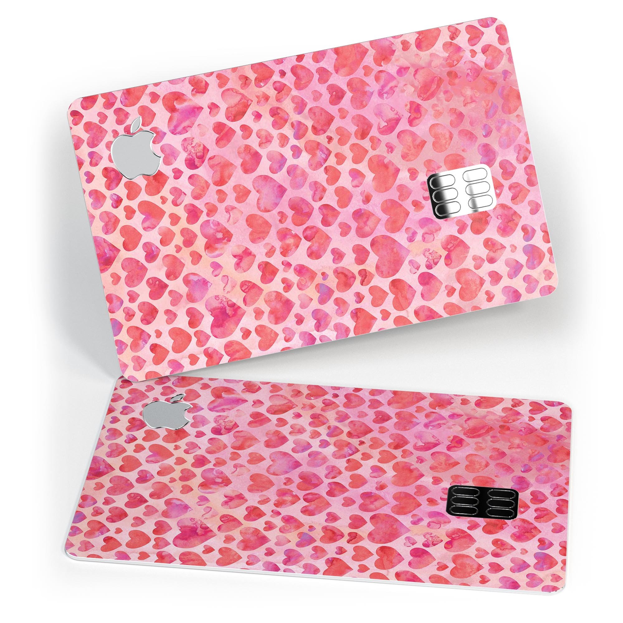 Pink Watercolor Hearts V2 decal skin for Apple Card, showcasing vibrant heart designs on a protective vinyl surface.