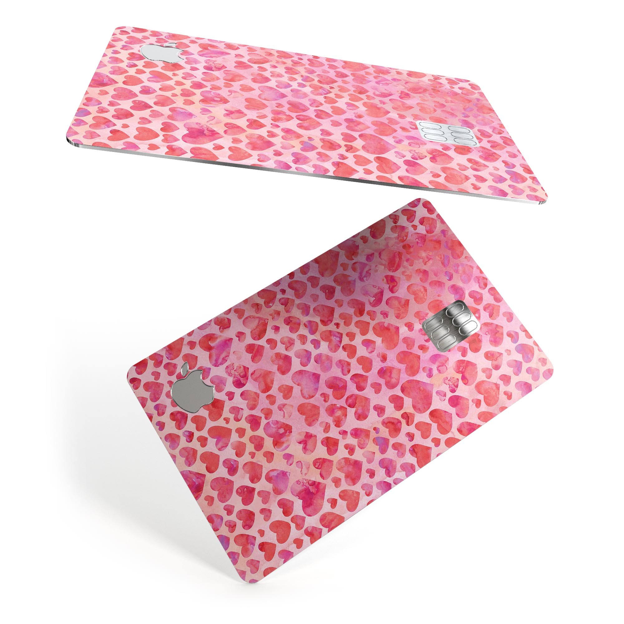 Pink Watercolor Hearts V2 decal skin for Apple Card, showcasing vibrant heart designs on a protective vinyl surface.