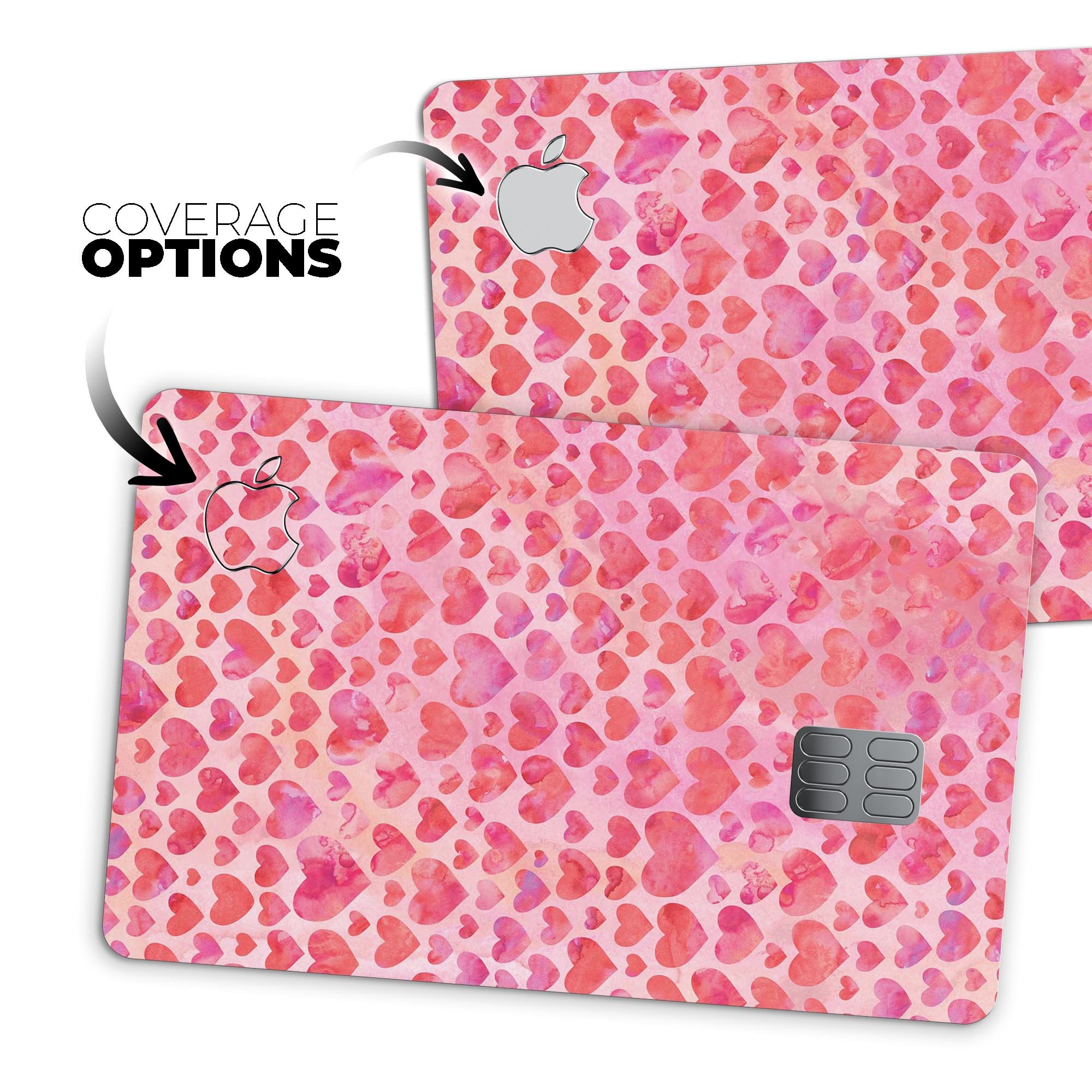 Pink Watercolor Hearts V2 decal skin for Apple Card, showcasing vibrant heart designs on a protective vinyl surface.