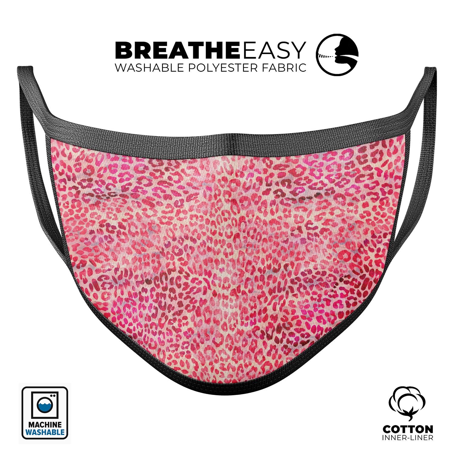 A stylish pink watercolor leopard pattern mouth cover, showcasing its unique design and adjustable ear loops for a comfortable fit.