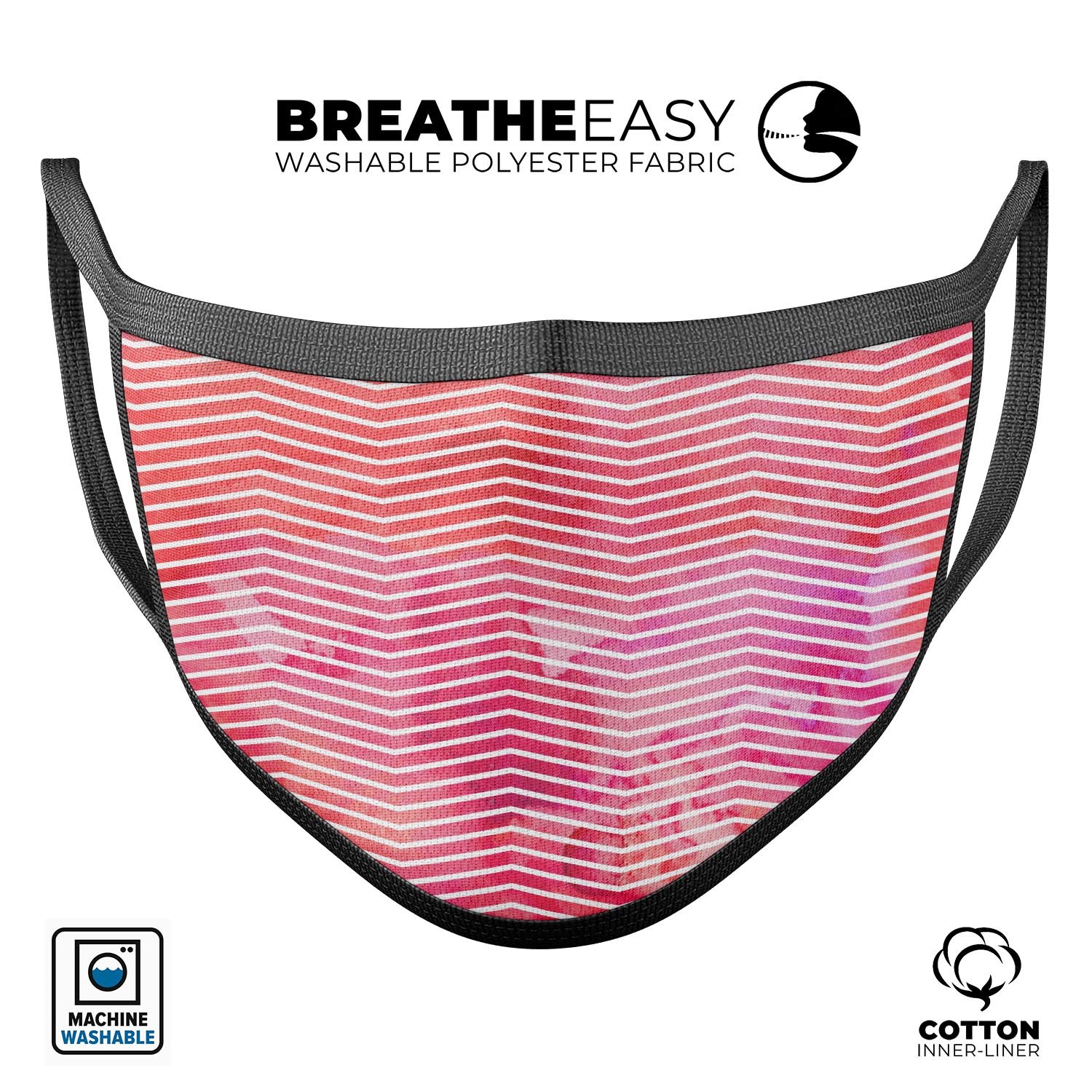 Pink Watercolor Over White Chevron mouth cover, showcasing a stylish design with adjustable ear loops.