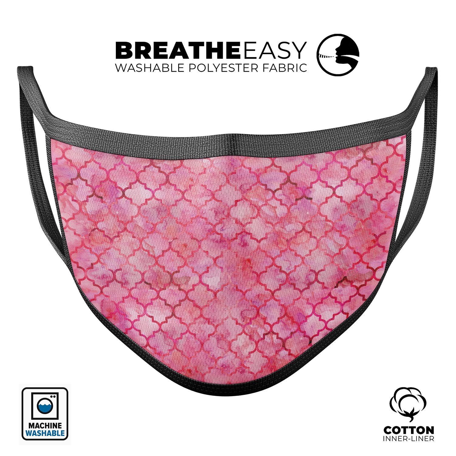 Pink Watercolor Quatrefoil mouth cover, unisex design, made in the USA, featuring adjustable ear loops and soft cotton interior.