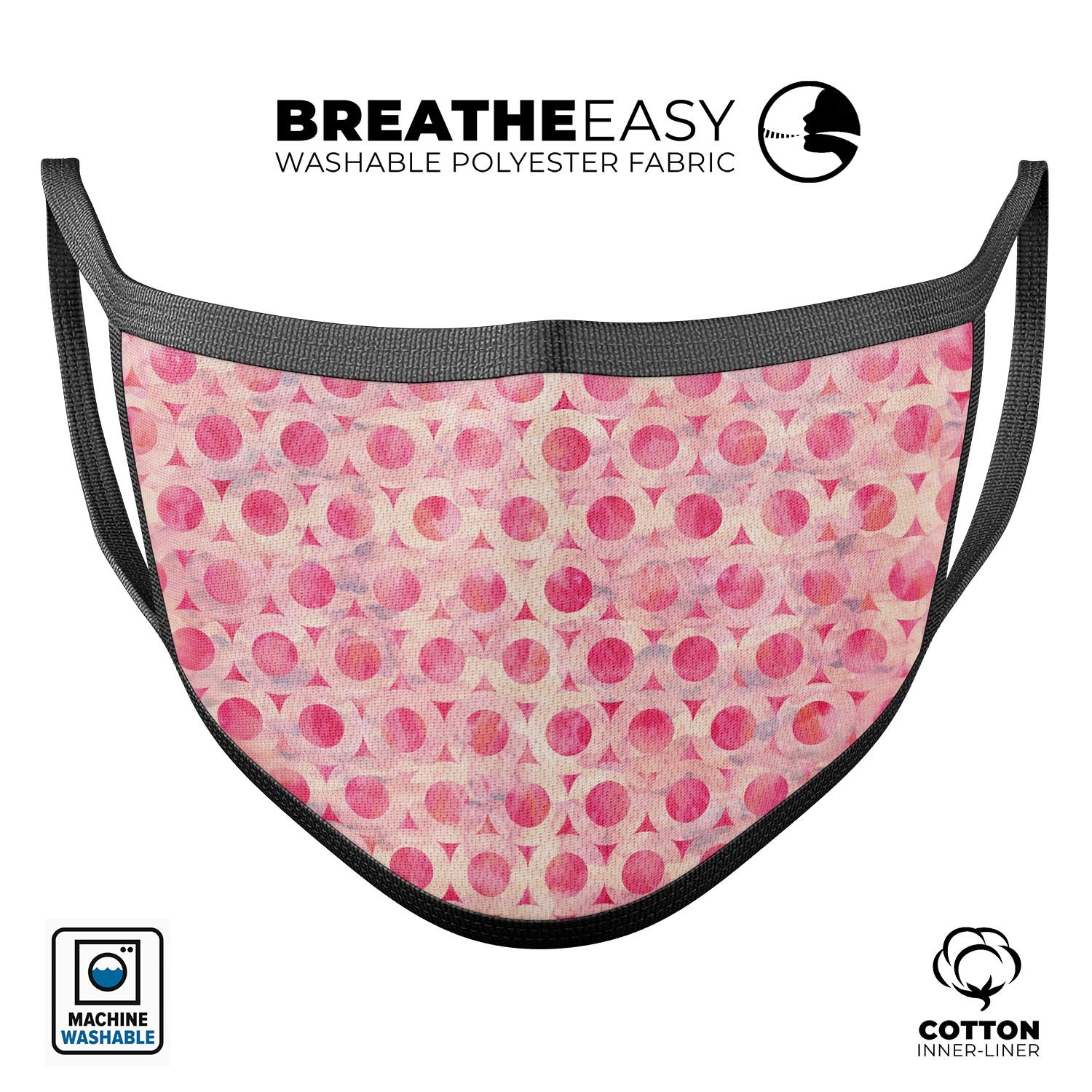 A stylish pink watercolor ring pattern face mask, showcasing its vibrant design and adjustable ear loops for a comfortable fit.