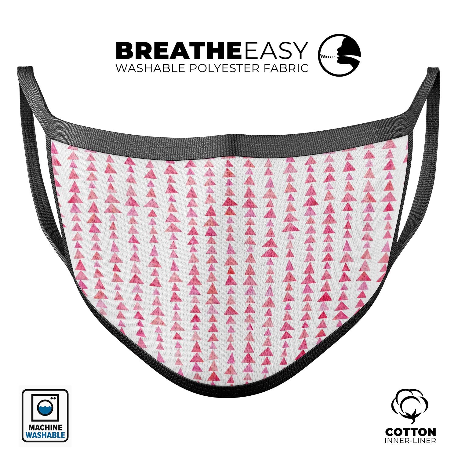 Pink Watercolor Triangle Pattern V2 mouth cover, showcasing vibrant colors and adjustable ear loops for a comfortable fit.