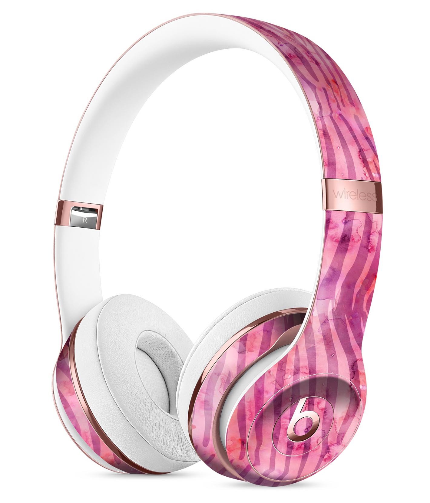 Pink Watercolor Zebra Pattern Skin Kit for Beats by Dre Solo 3 Wireless Headphones, showcasing vibrant colors and unique design.