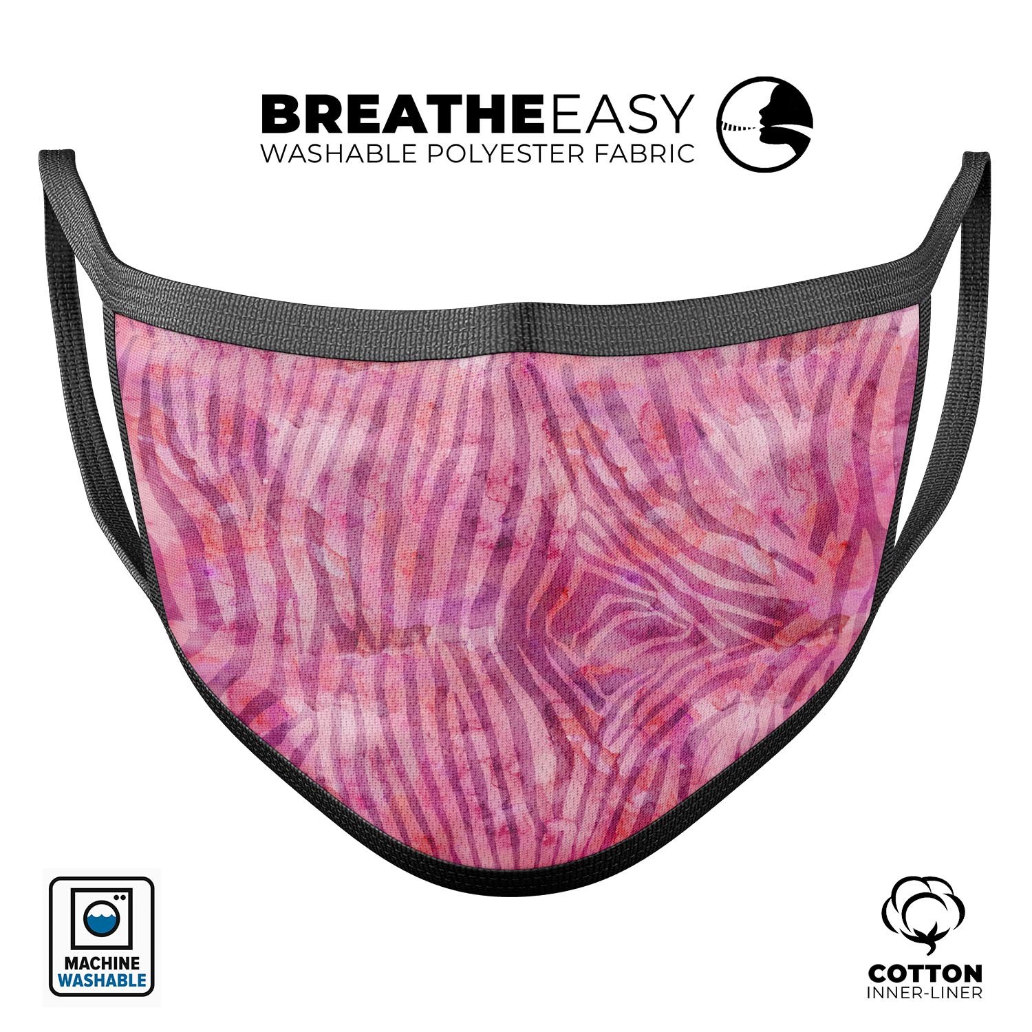 A stylish pink watercolor zebra pattern mouth cover, showcasing its vibrant design and adjustable ear loops for a comfortable fit.