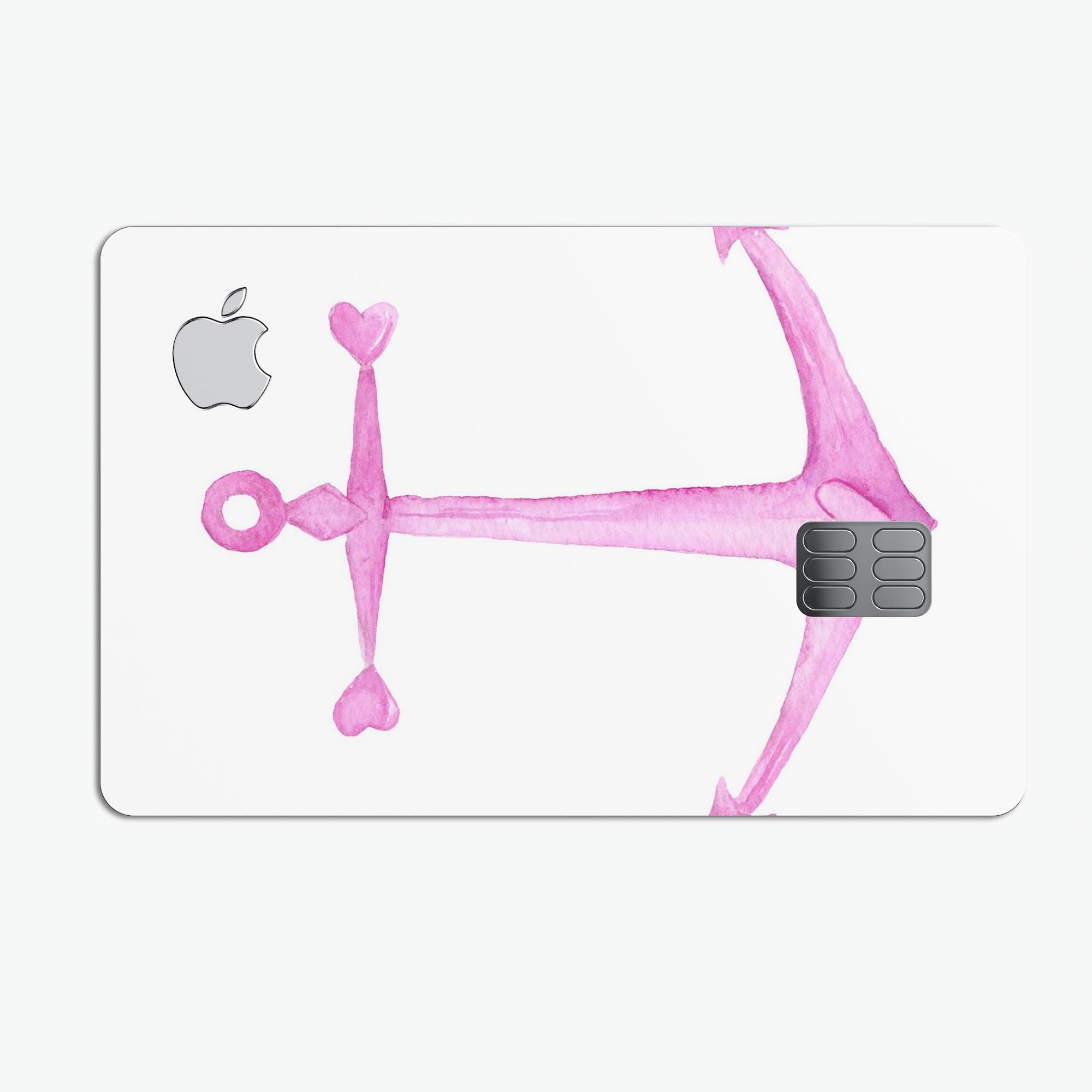 Pink watercolored heart anchor decal skin for Apple Card, showcasing vibrant colors and a stylish design.