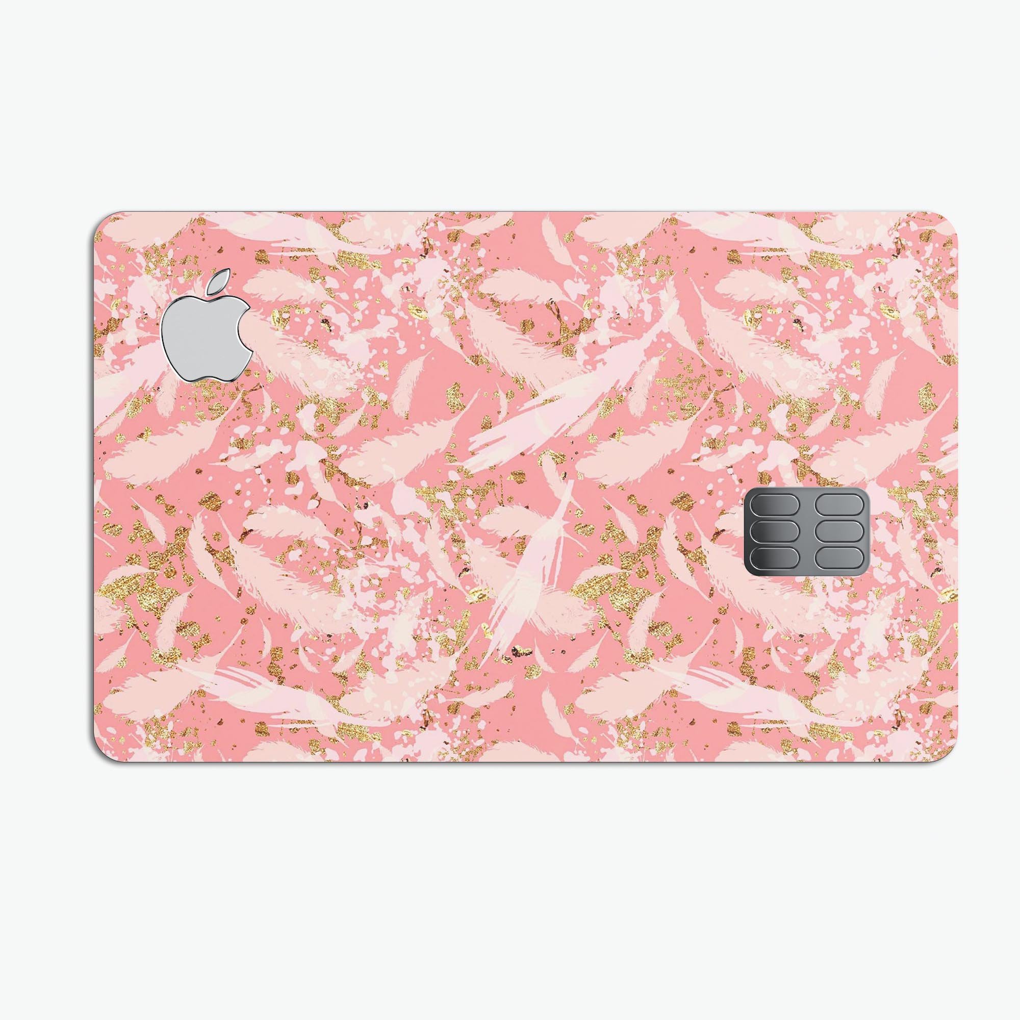 Pink Waterstrokes Over Scattered Gold decal on an Apple Card, showcasing its vibrant design and premium quality.