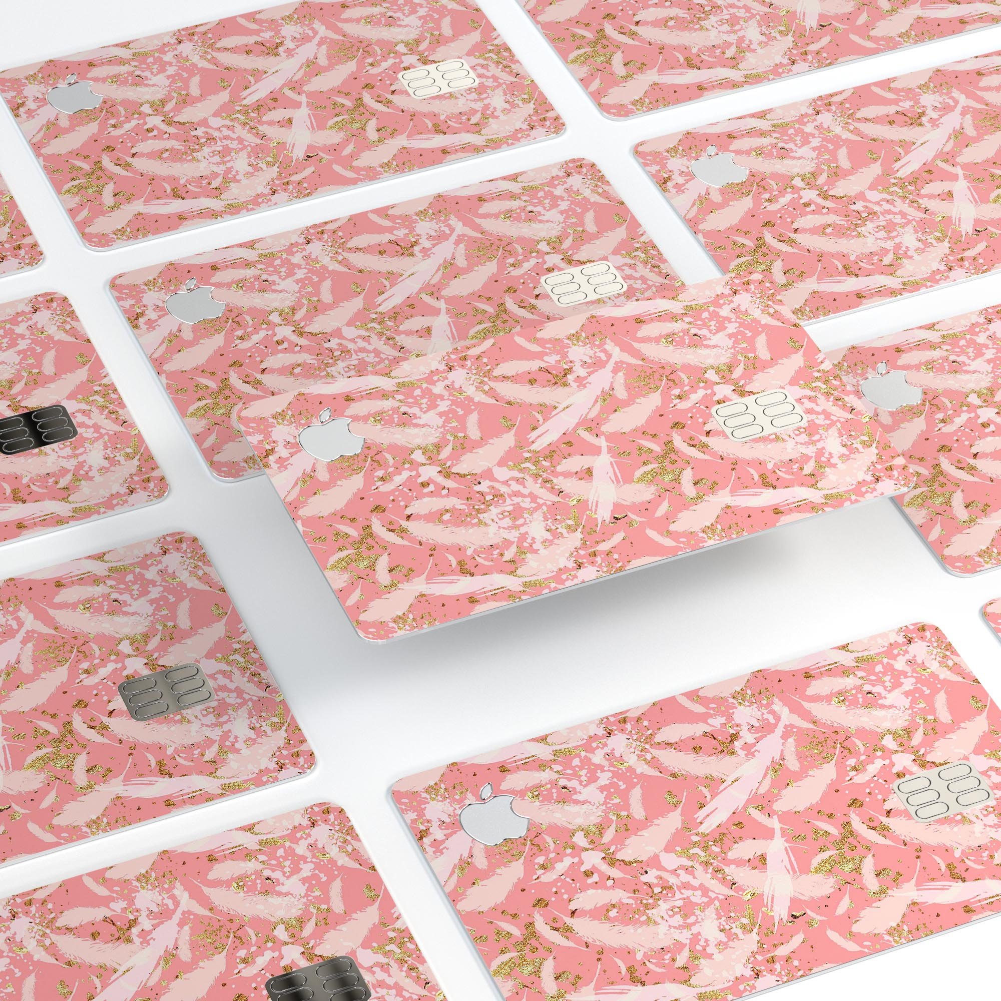 Pink Waterstrokes Over Scattered Gold decal on an Apple Card, showcasing its vibrant design and premium quality.