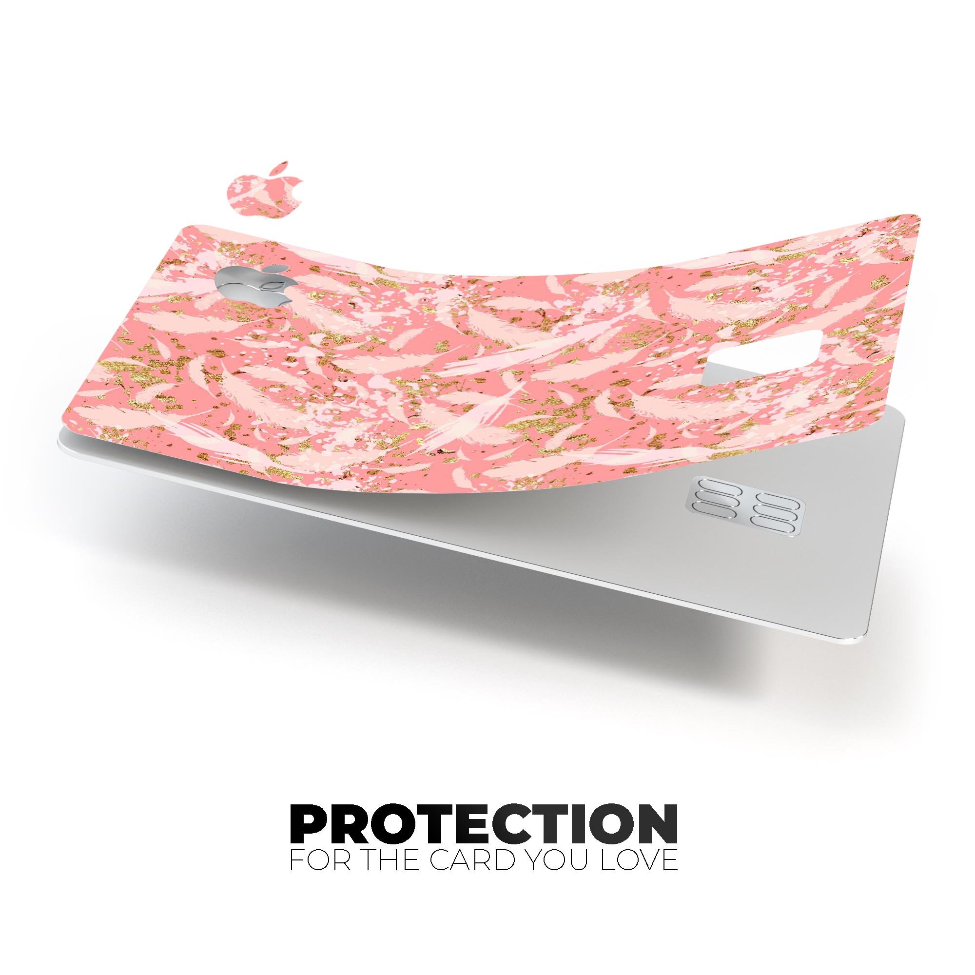 Pink Waterstrokes Over Scattered Gold decal on an Apple Card, showcasing its vibrant design and premium quality.