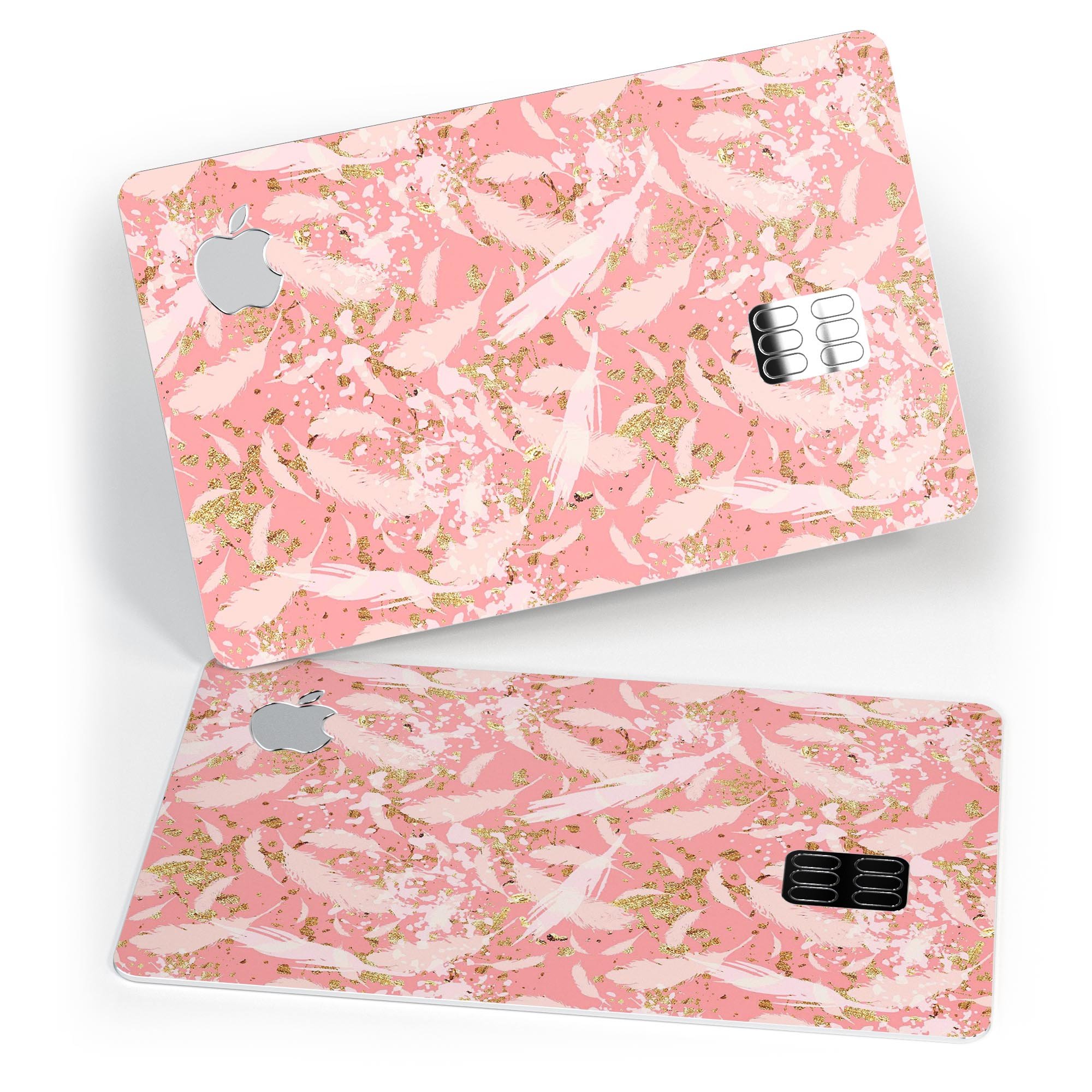 Pink Waterstrokes Over Scattered Gold decal on an Apple Card, showcasing its vibrant design and premium quality.