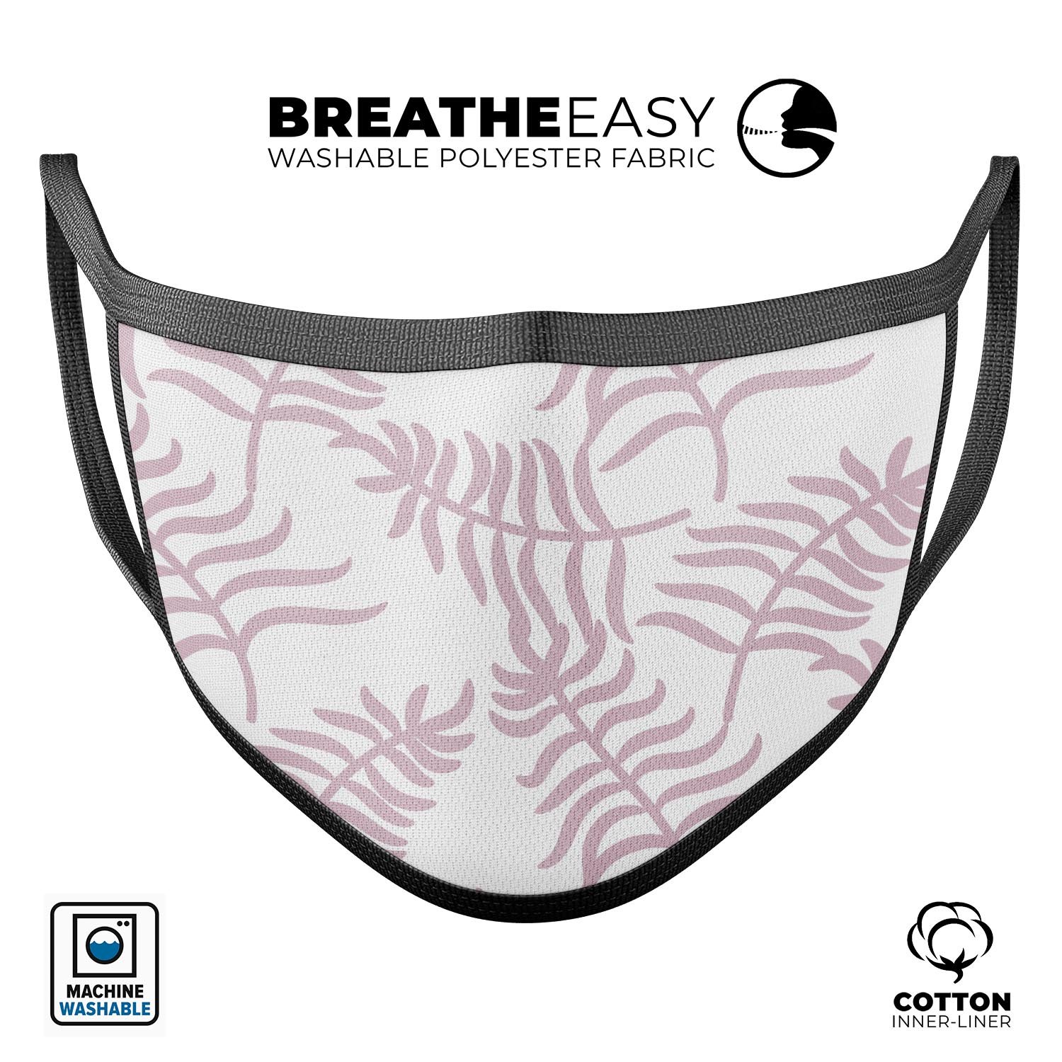 Pink Wavy Leaves Pattern mouth cover, showcasing a stylish design with adjustable ear loops, made in the USA.