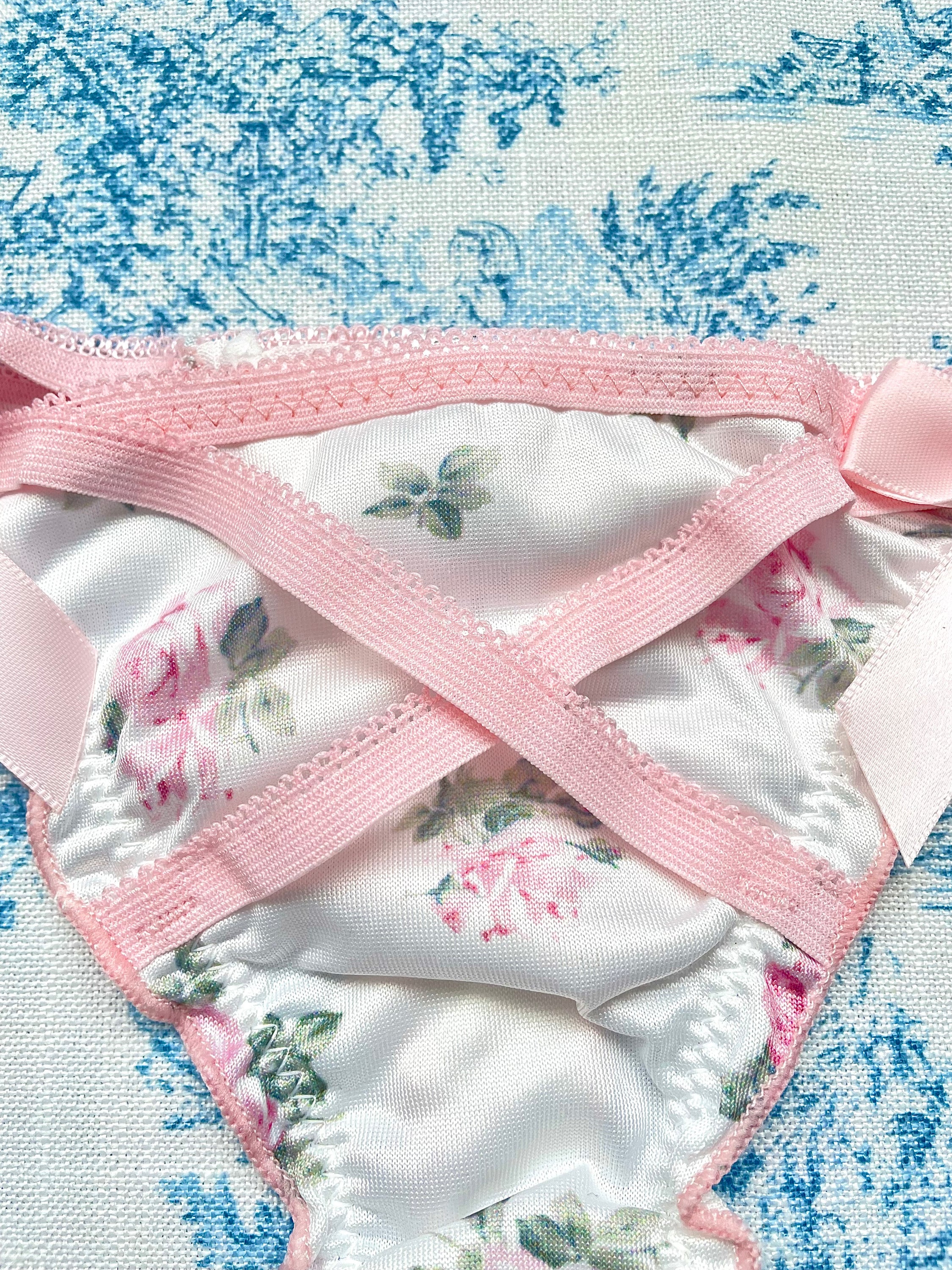 Pink & White Floral Bow Panty featuring satin floral print and delicate pink straps with three satin bows.