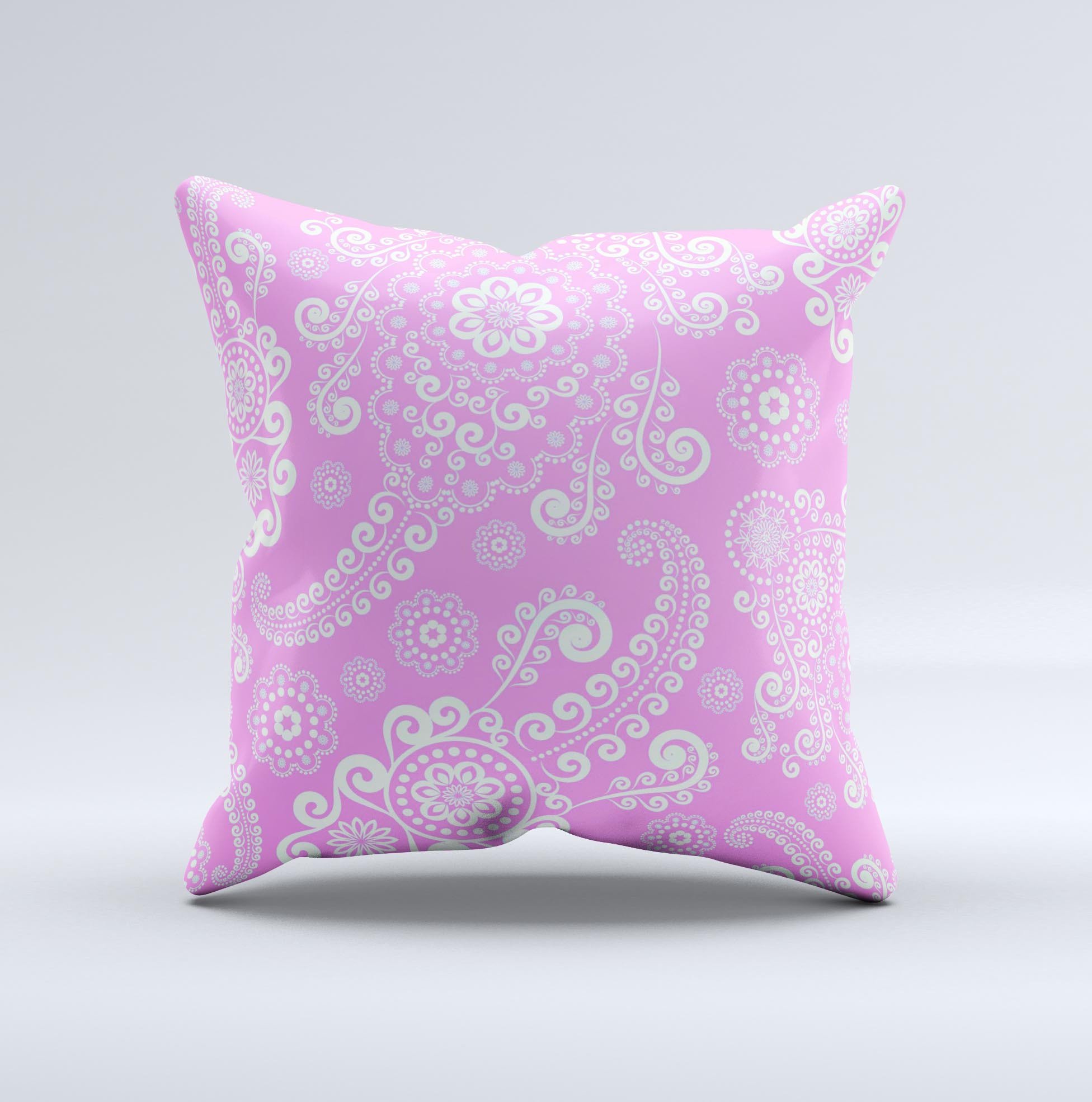 Pink and white decorative throw pillow featuring a lace pattern, handcrafted in Virginia with high-quality materials.