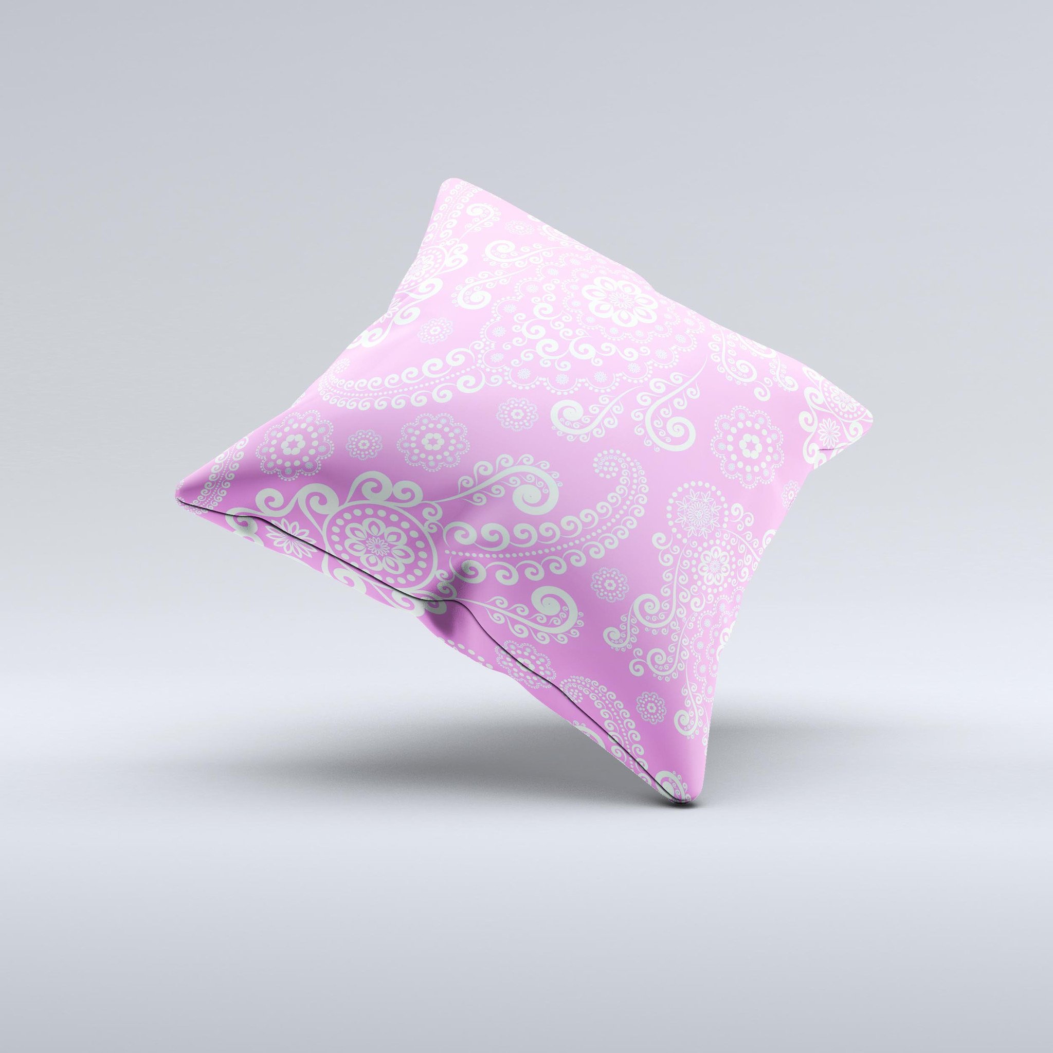 Pink and white decorative throw pillow featuring a lace pattern, handcrafted in Virginia with high-quality materials.