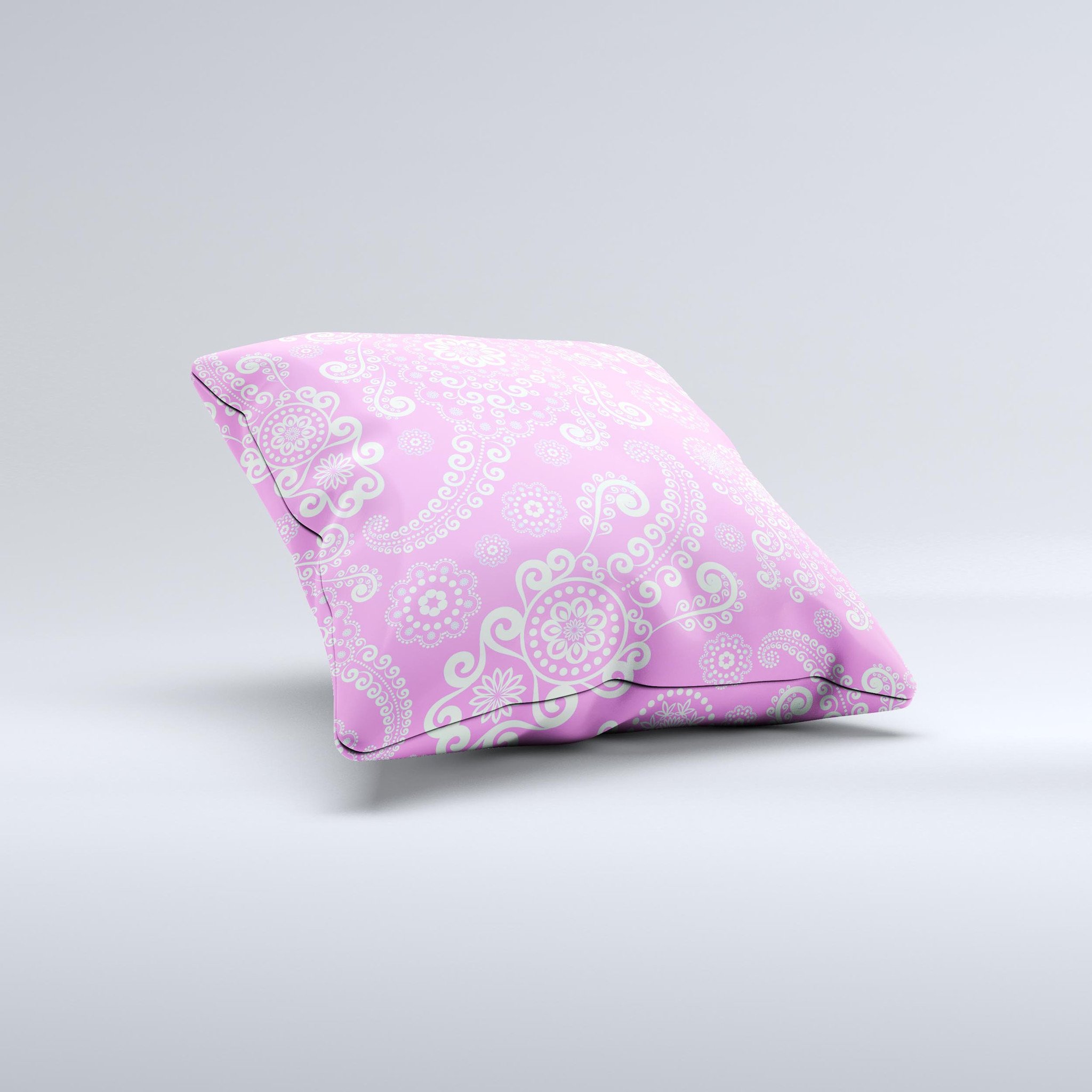 Pink and white decorative throw pillow featuring a lace pattern, handcrafted in Virginia with high-quality materials.