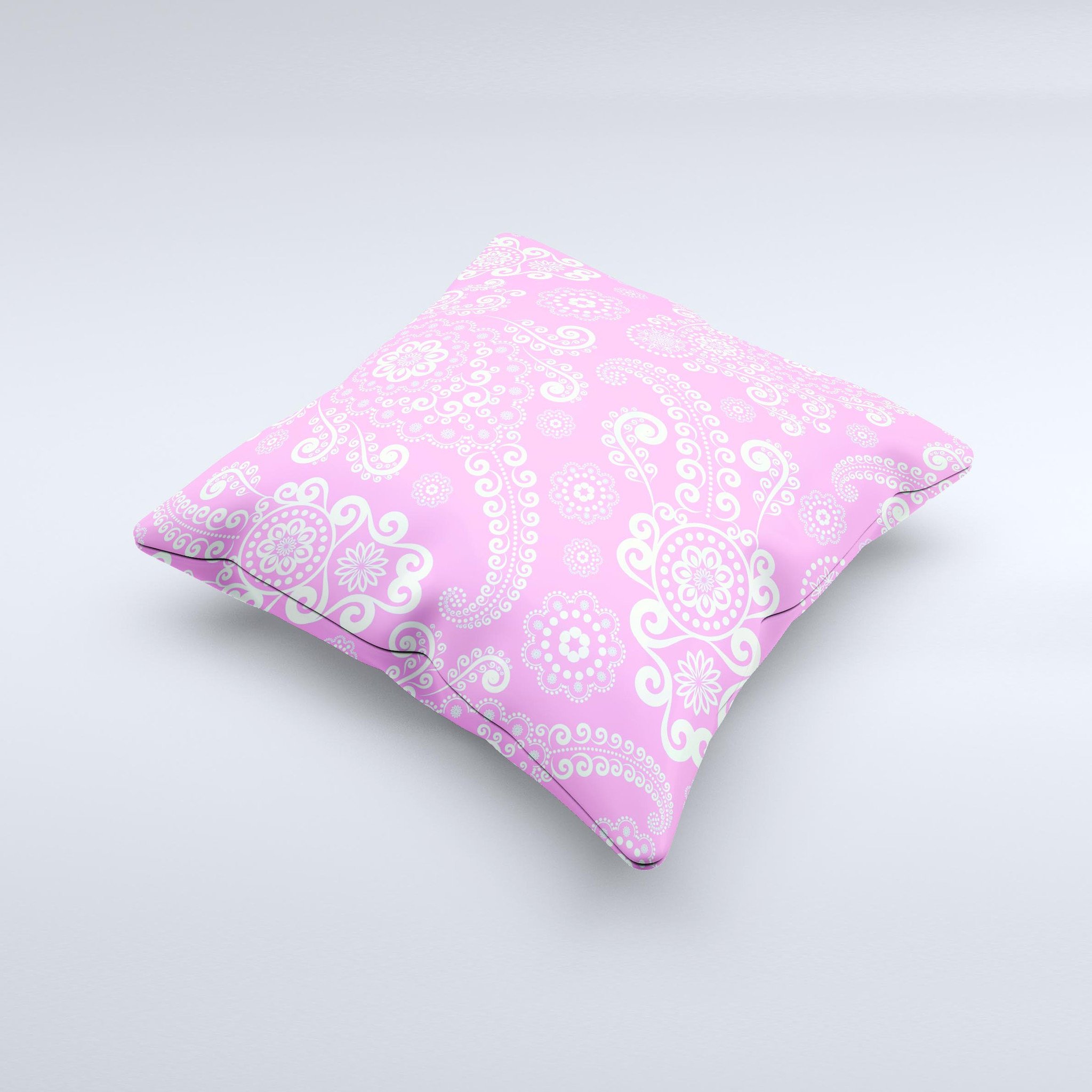 Pink and white decorative throw pillow featuring a lace pattern, handcrafted in Virginia with high-quality materials.