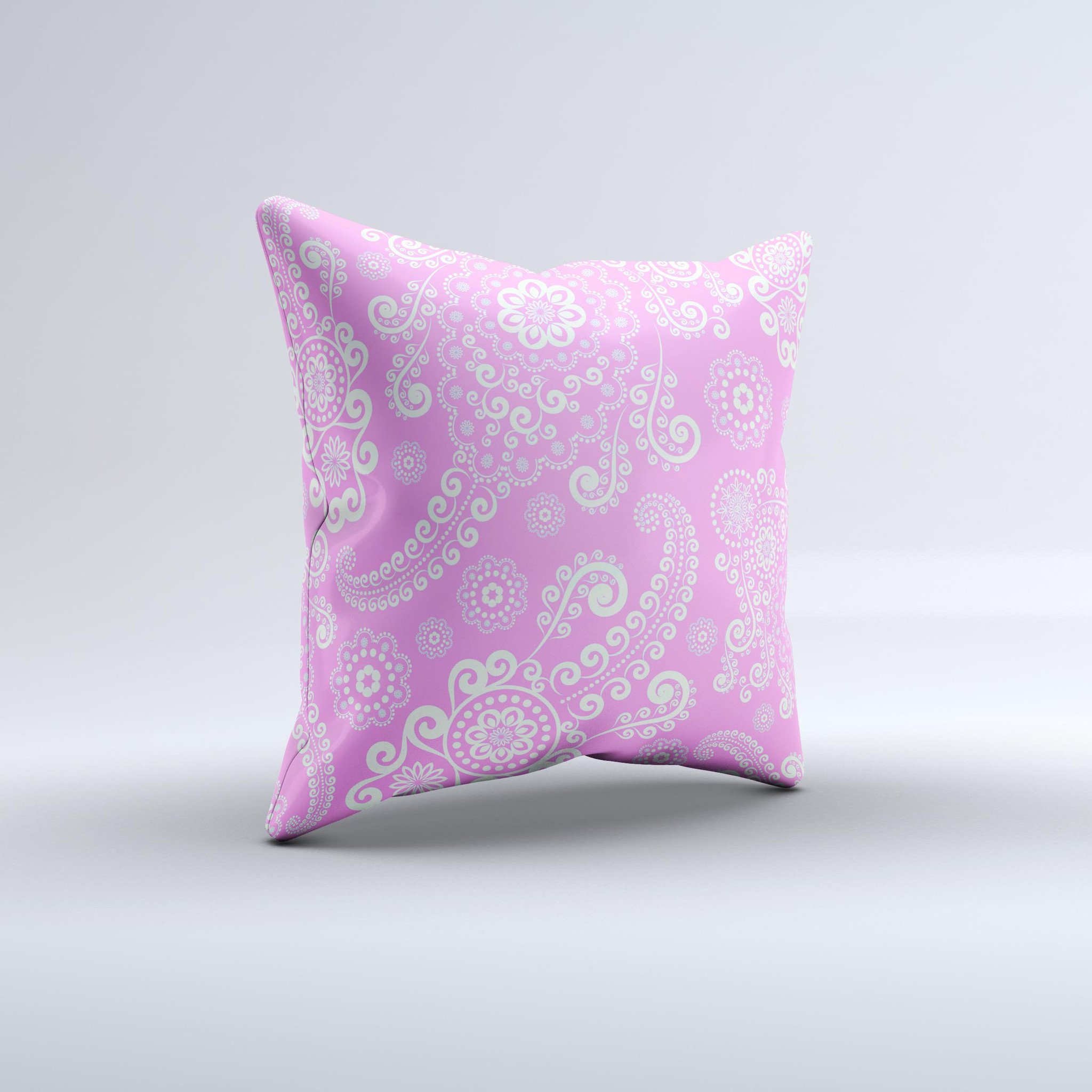 Pink and white decorative throw pillow featuring a lace pattern, handcrafted in Virginia with high-quality materials.