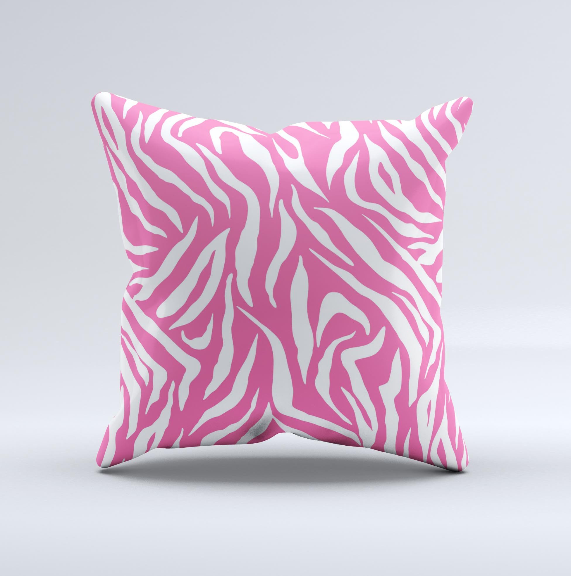 Pink and white decorative throw pillow featuring a unique zebra print design, handcrafted in Virginia with high-quality materials.