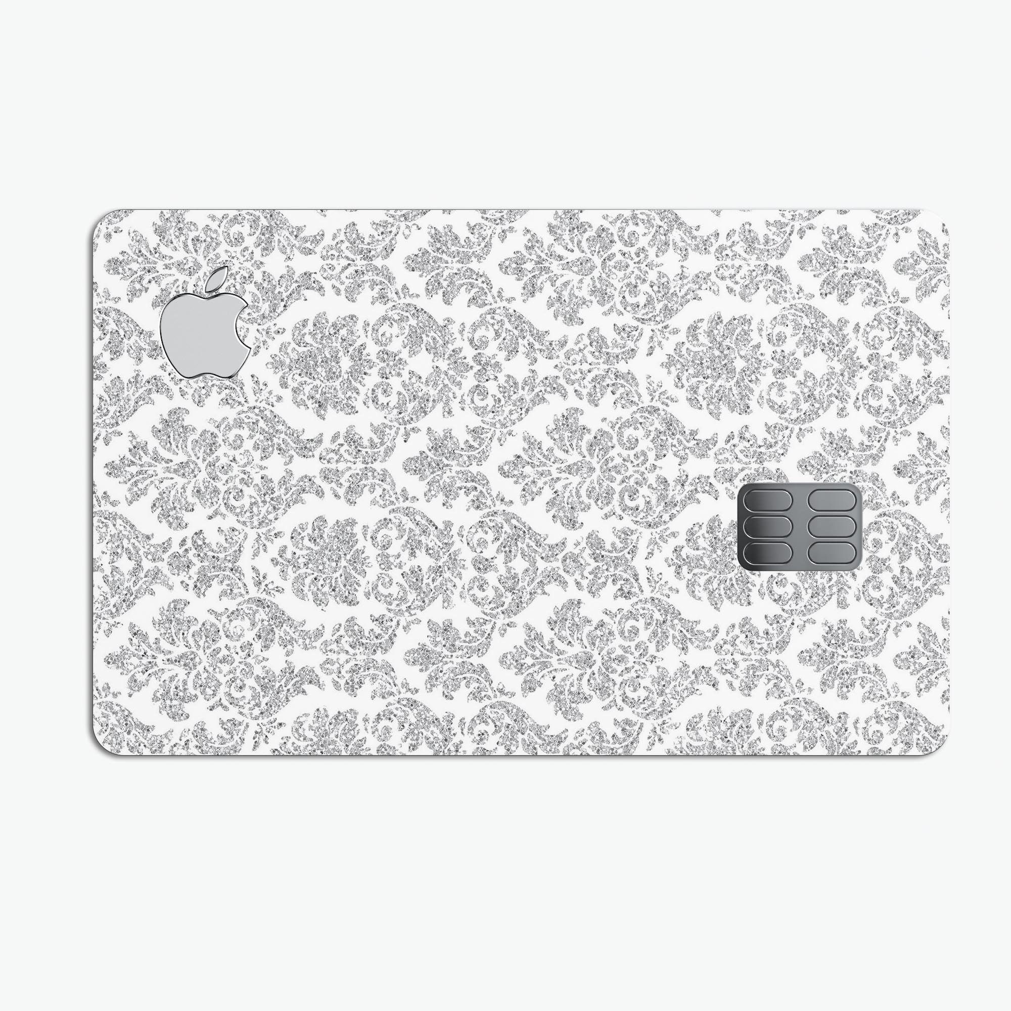 Pink and Silver Glitter Premium Protective Decal for Apple Card, showcasing a stylish damask design.