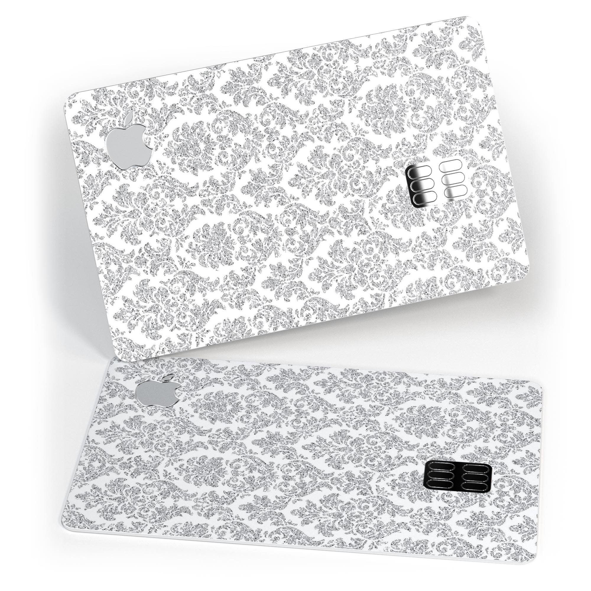 Pink and Silver Glitter Premium Protective Decal for Apple Card, showcasing a stylish damask design.