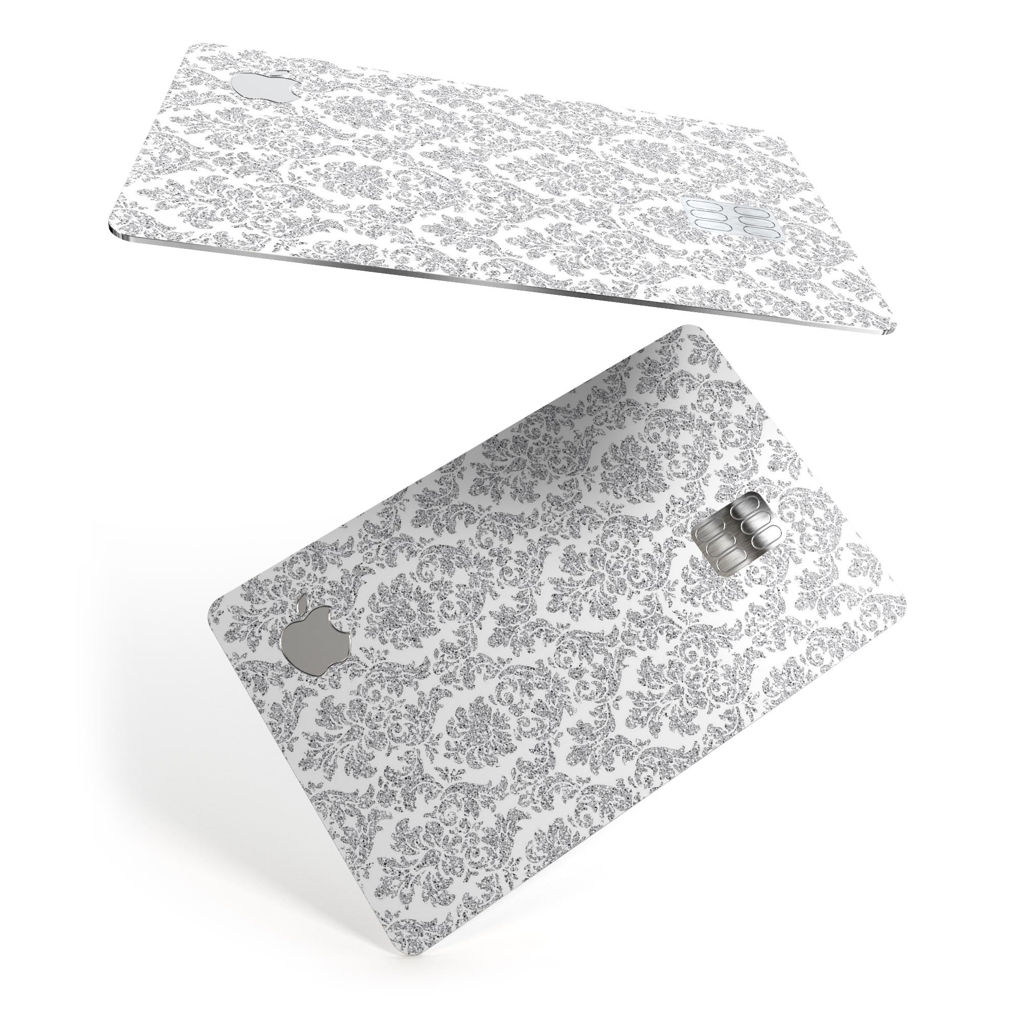 Pink and Silver Glitter Premium Protective Decal for Apple Card, showcasing a stylish damask design.