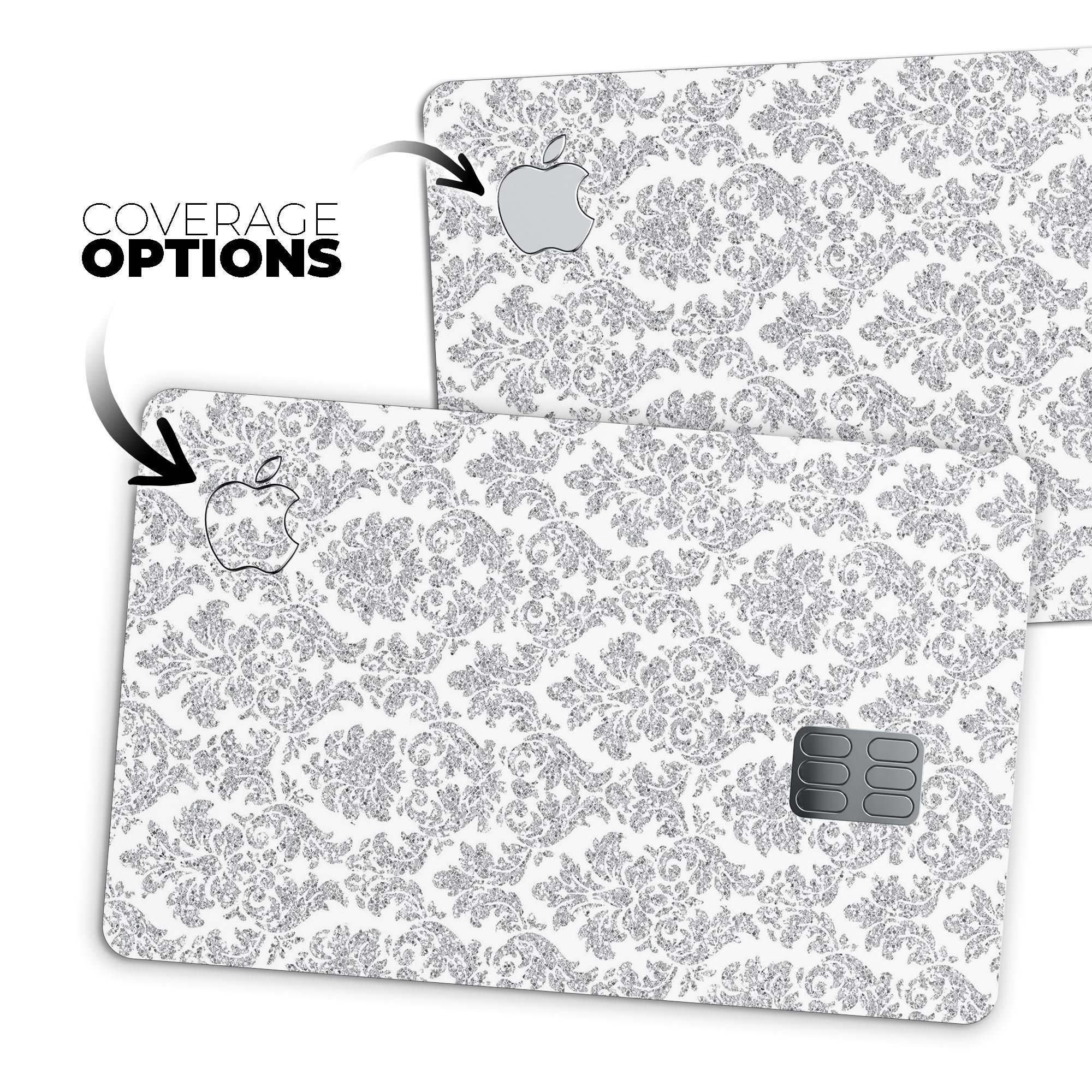 Pink and Silver Glitter Premium Protective Decal for Apple Card, showcasing a stylish damask design.