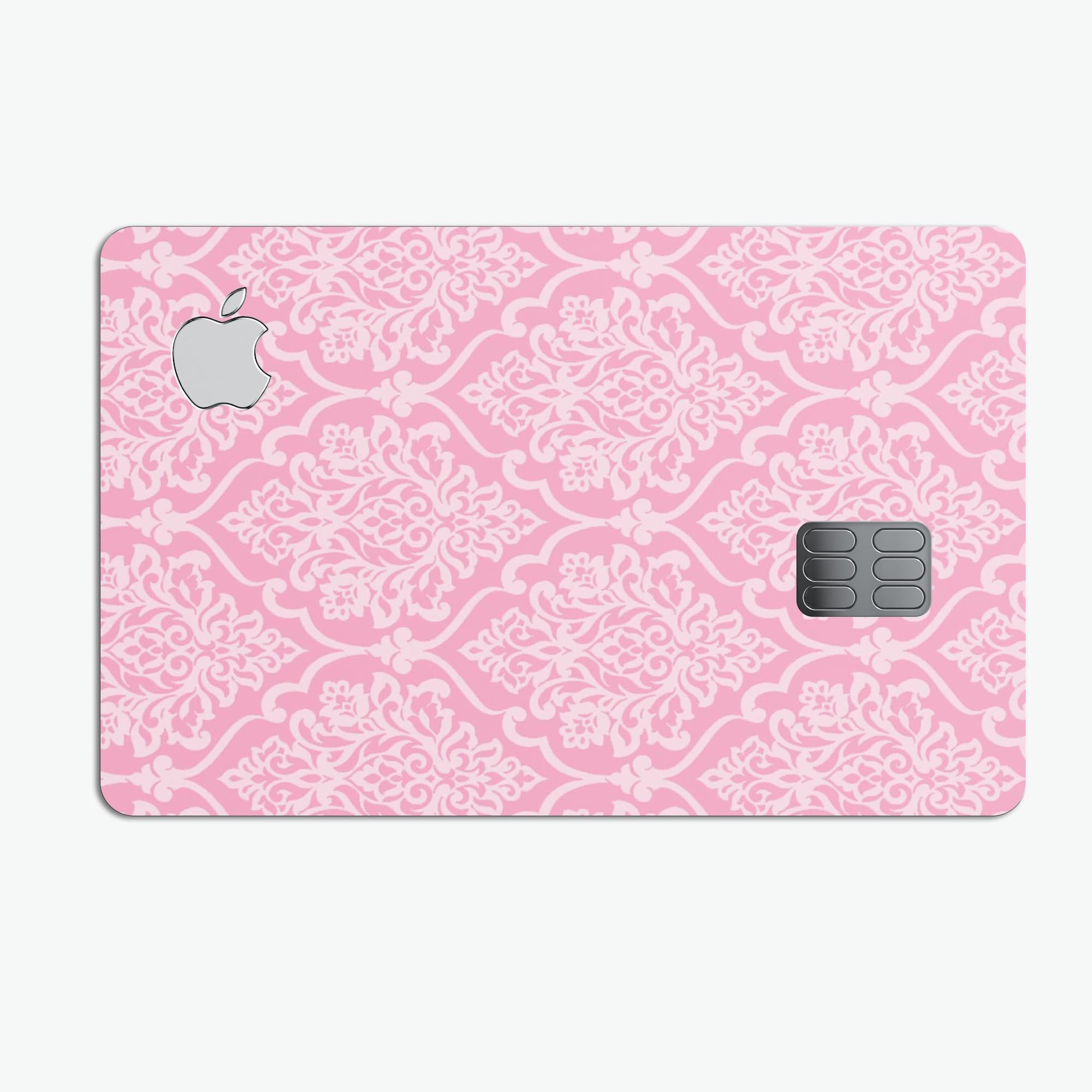 Pink and Silver Glitter Premium Protective Decal for Apple Card, showcasing a stylish damask design with a glossy finish.