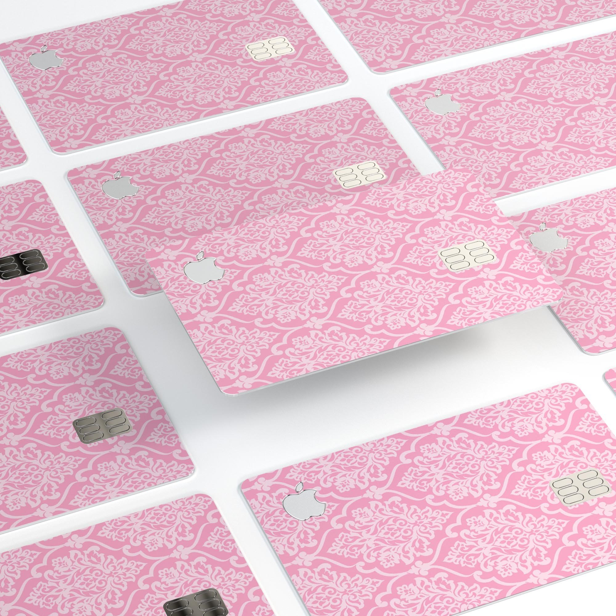 Pink and Silver Glitter Premium Protective Decal for Apple Card, showcasing a stylish damask design with a glossy finish.