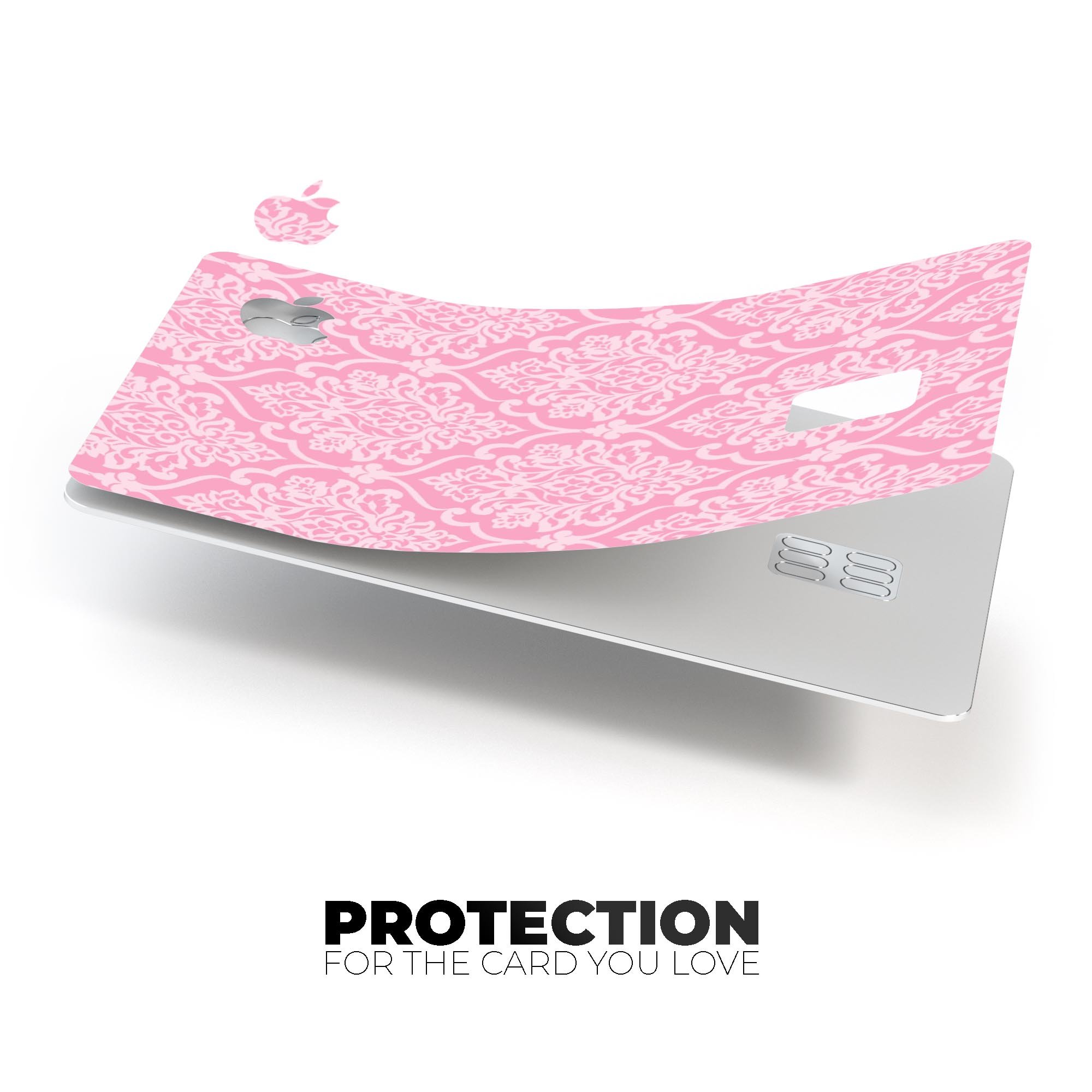 Pink and Silver Glitter Premium Protective Decal for Apple Card, showcasing a stylish damask design with a glossy finish.