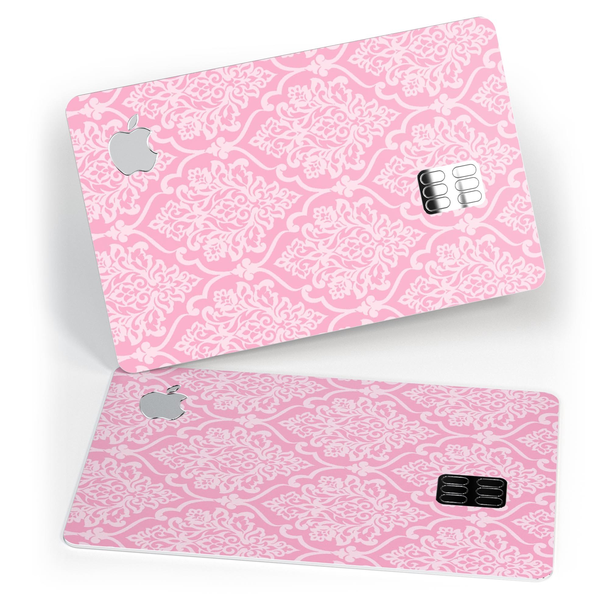 Pink and Silver Glitter Premium Protective Decal for Apple Card, showcasing a stylish damask design with a glossy finish.