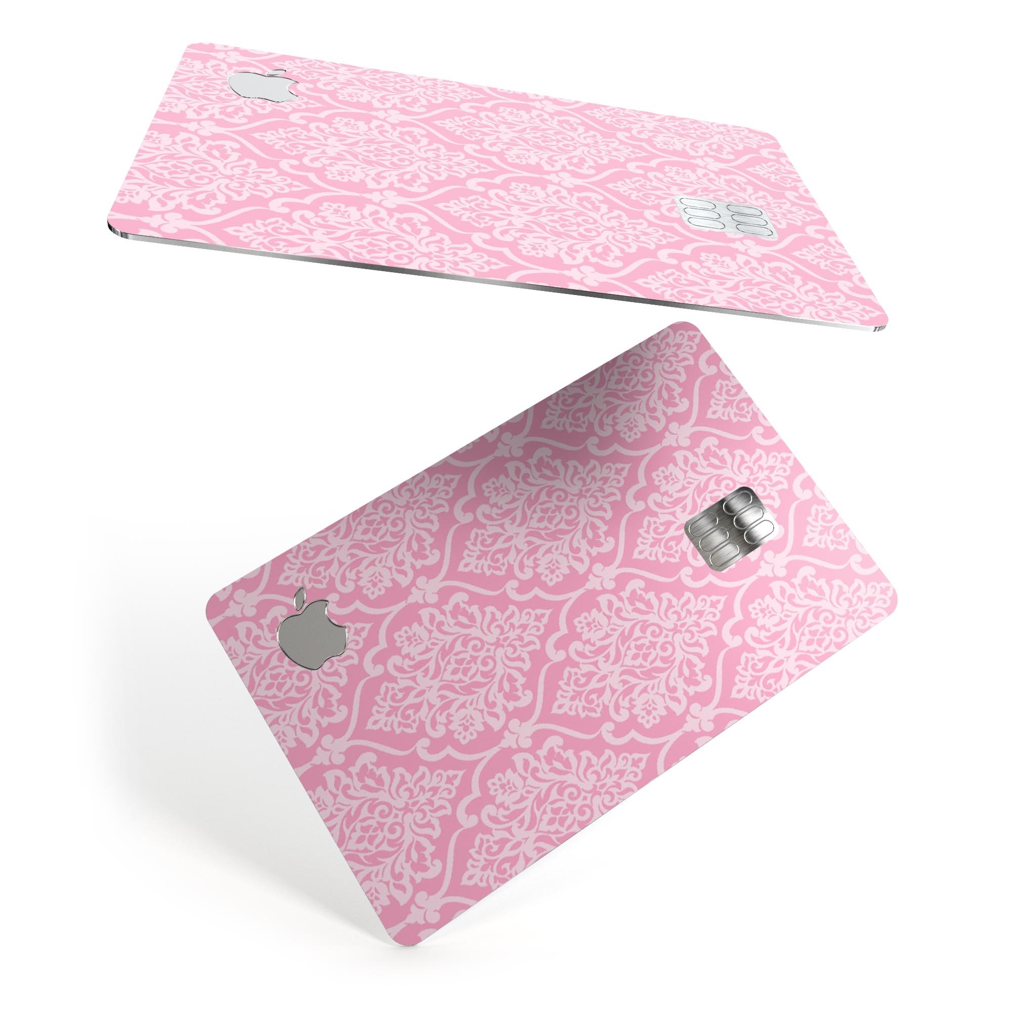 Pink and Silver Glitter Premium Protective Decal for Apple Card, showcasing a stylish damask design with a glossy finish.