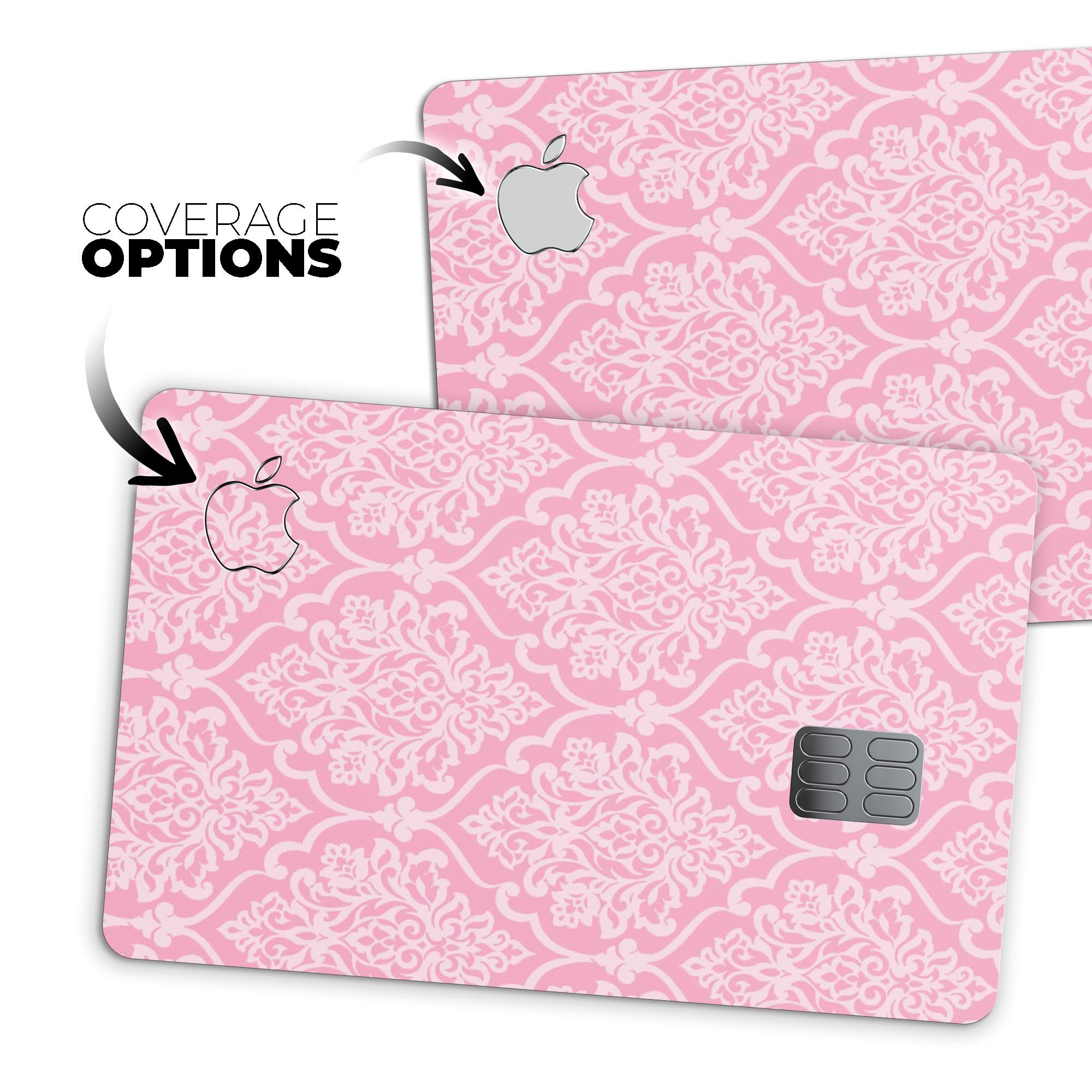 Pink and Silver Glitter Premium Protective Decal for Apple Card, showcasing a stylish damask design with a glossy finish.