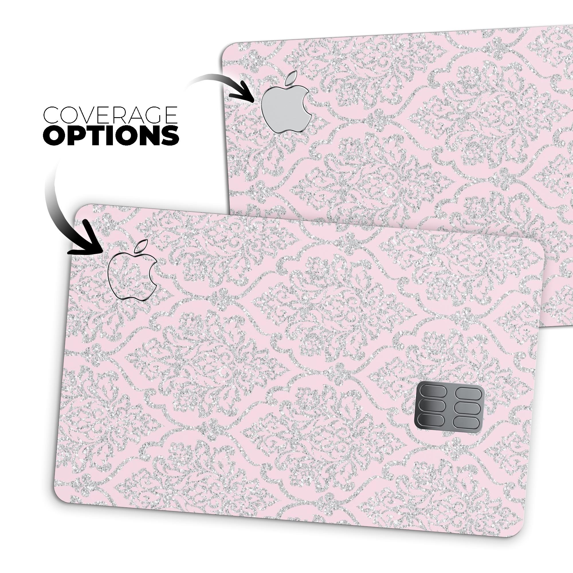 Pink and Silver Glitter Premium Protective Decal for Apple Card, showcasing its elegant design and high-quality finish.