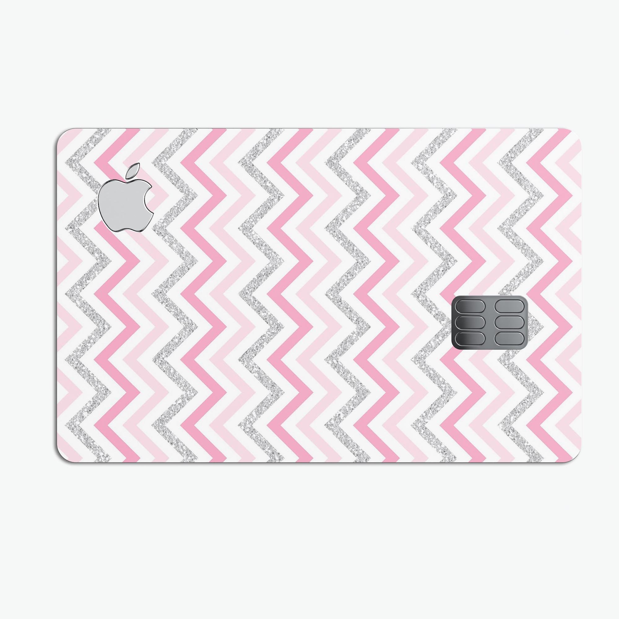 Pink and Silver Glitter Premium Protective Decal for Apple Card, showcasing a chevron design with a shiny finish.