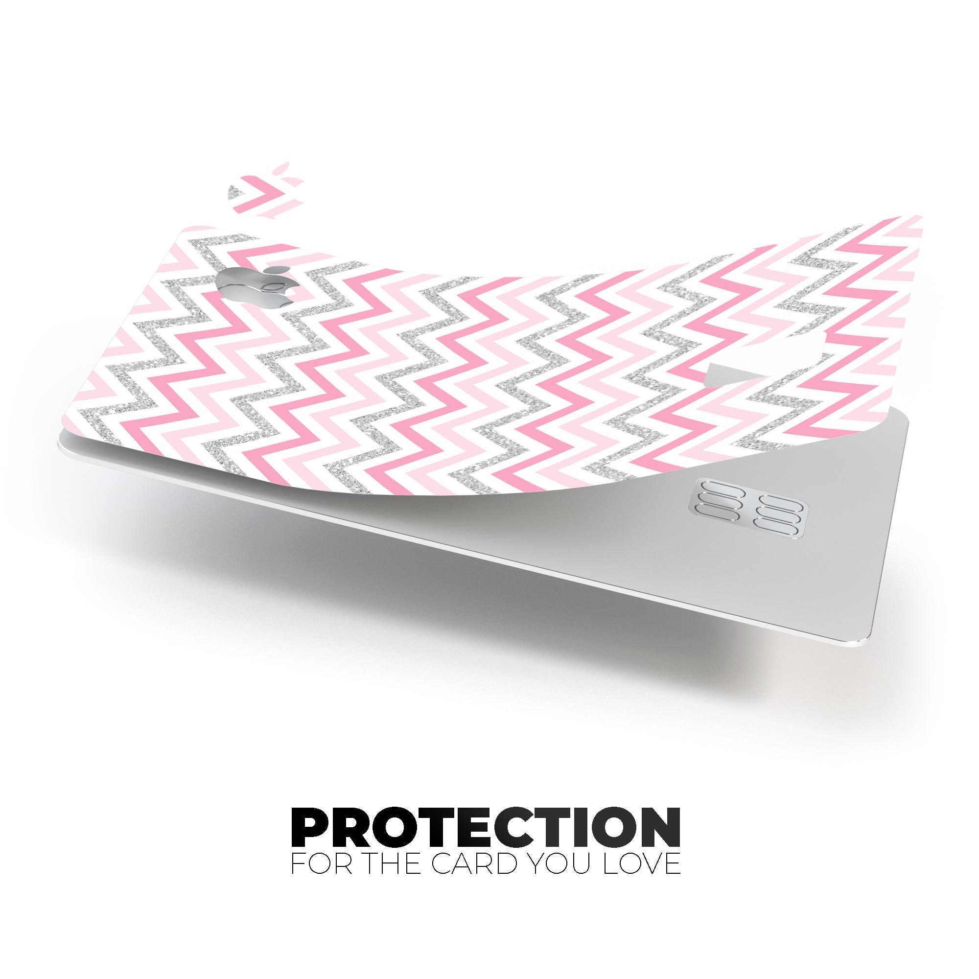 Pink and Silver Glitter Premium Protective Decal for Apple Card, showcasing a chevron design with a shiny finish.