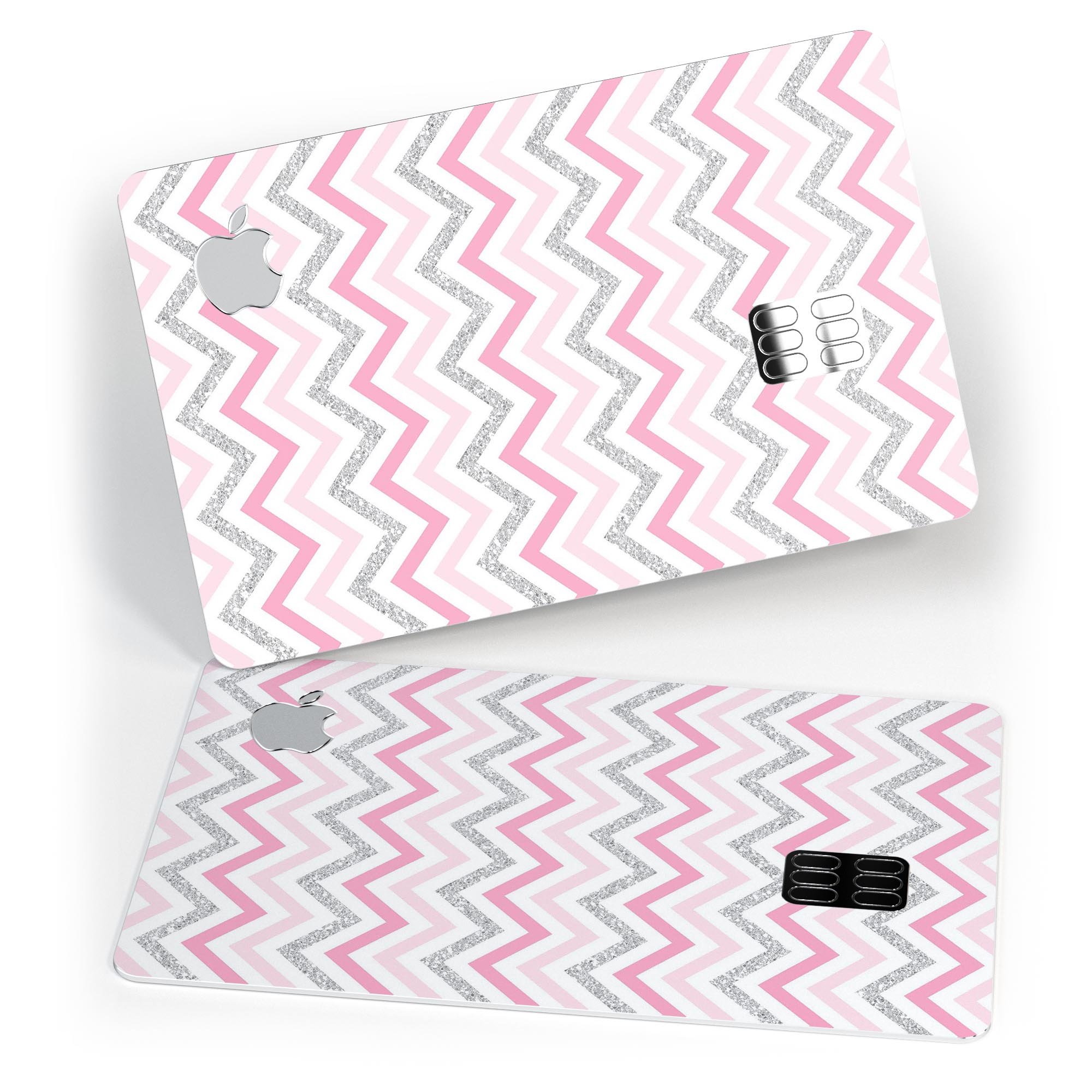 Pink and Silver Glitter Premium Protective Decal for Apple Card, showcasing a chevron design with a shiny finish.