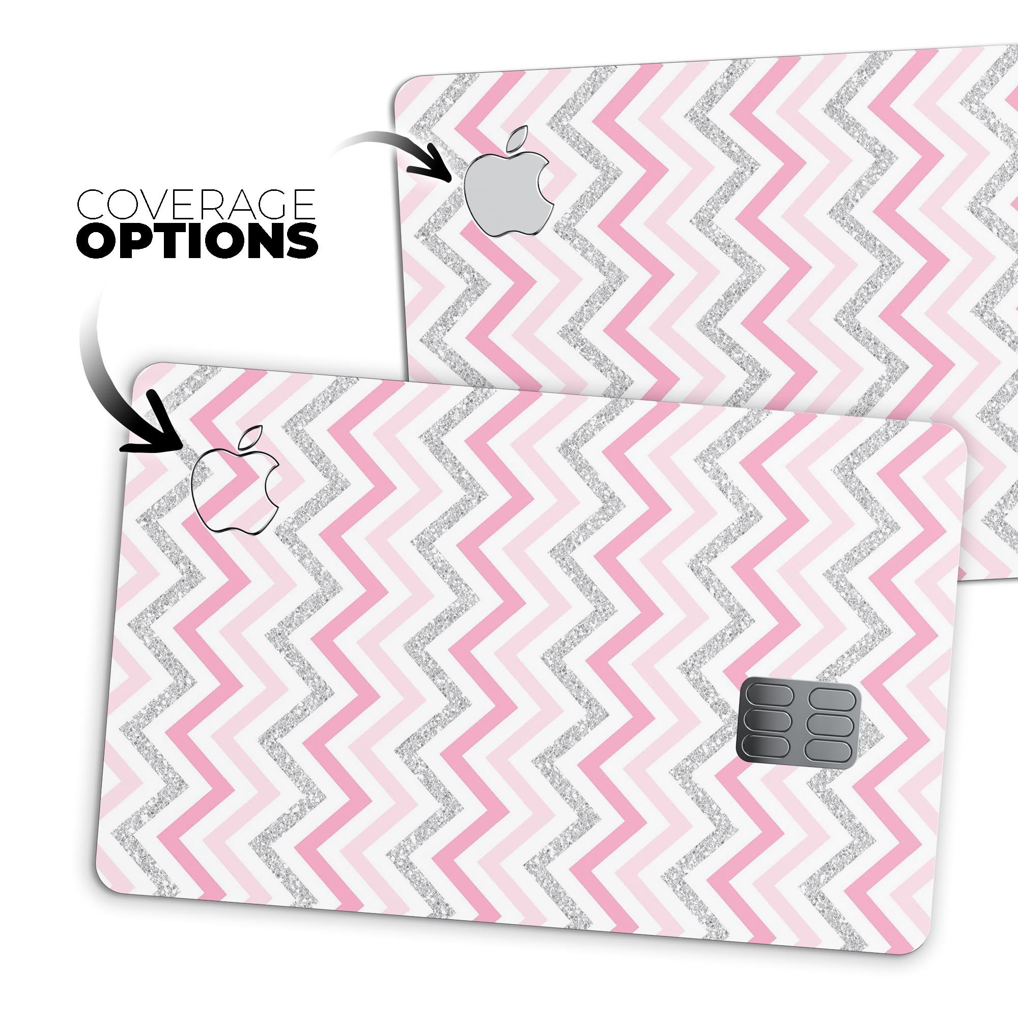 Pink and Silver Glitter Premium Protective Decal for Apple Card, showcasing a chevron design with a shiny finish.