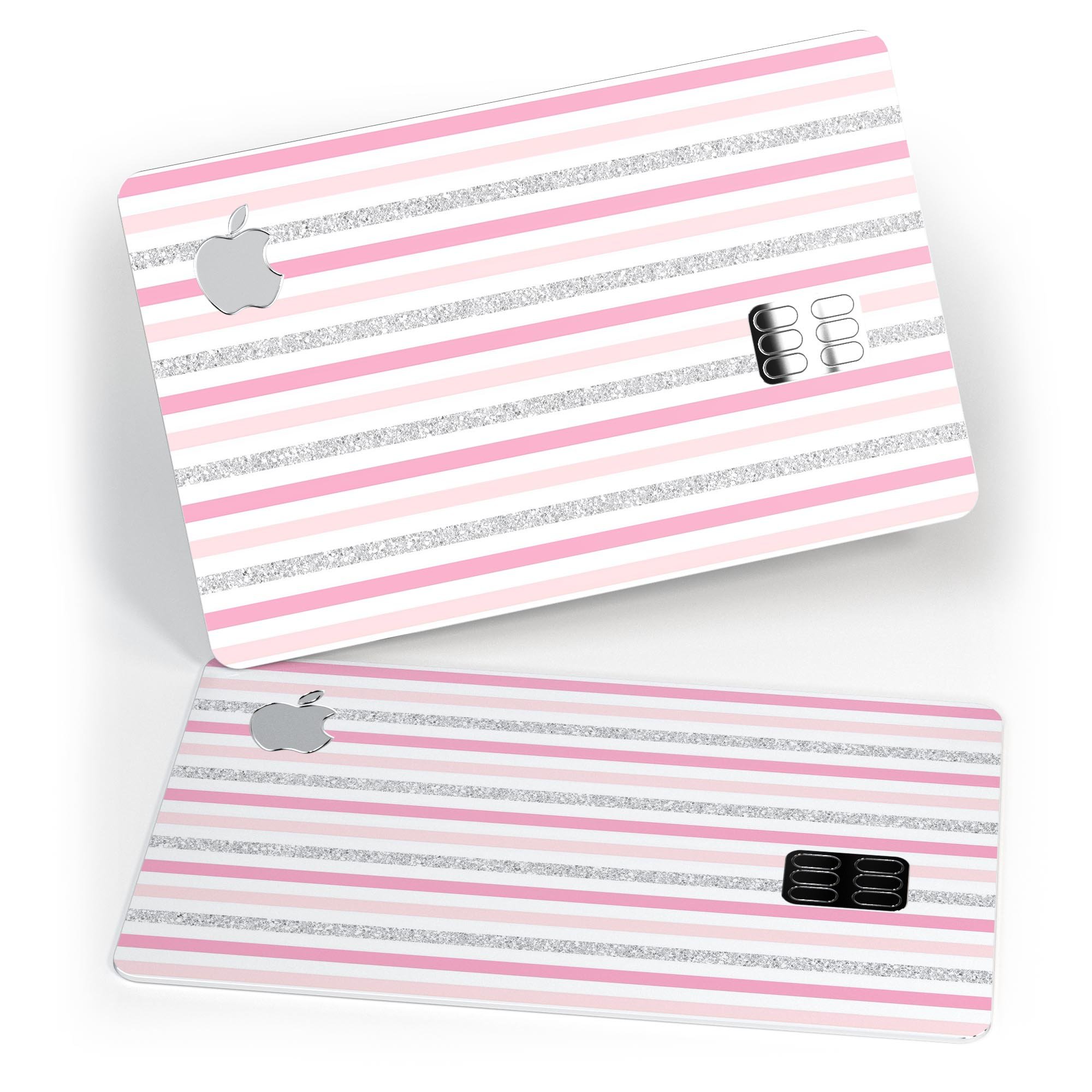 Pink and Silver Glitter Premium Protective Decal for Apple Card, showcasing its stylish design and protective features.