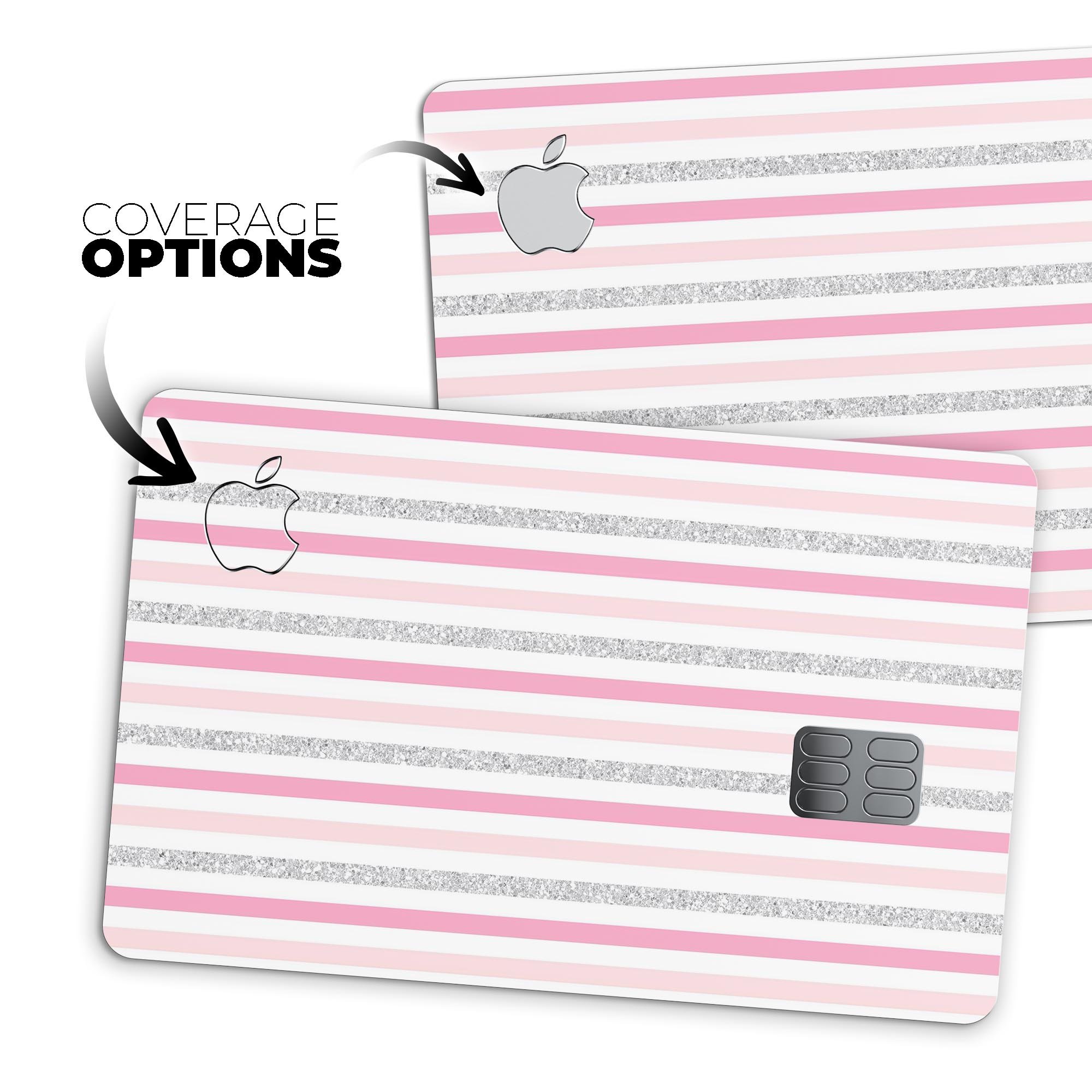 Pink and Silver Glitter Premium Protective Decal for Apple Card, showcasing its stylish design and protective features.