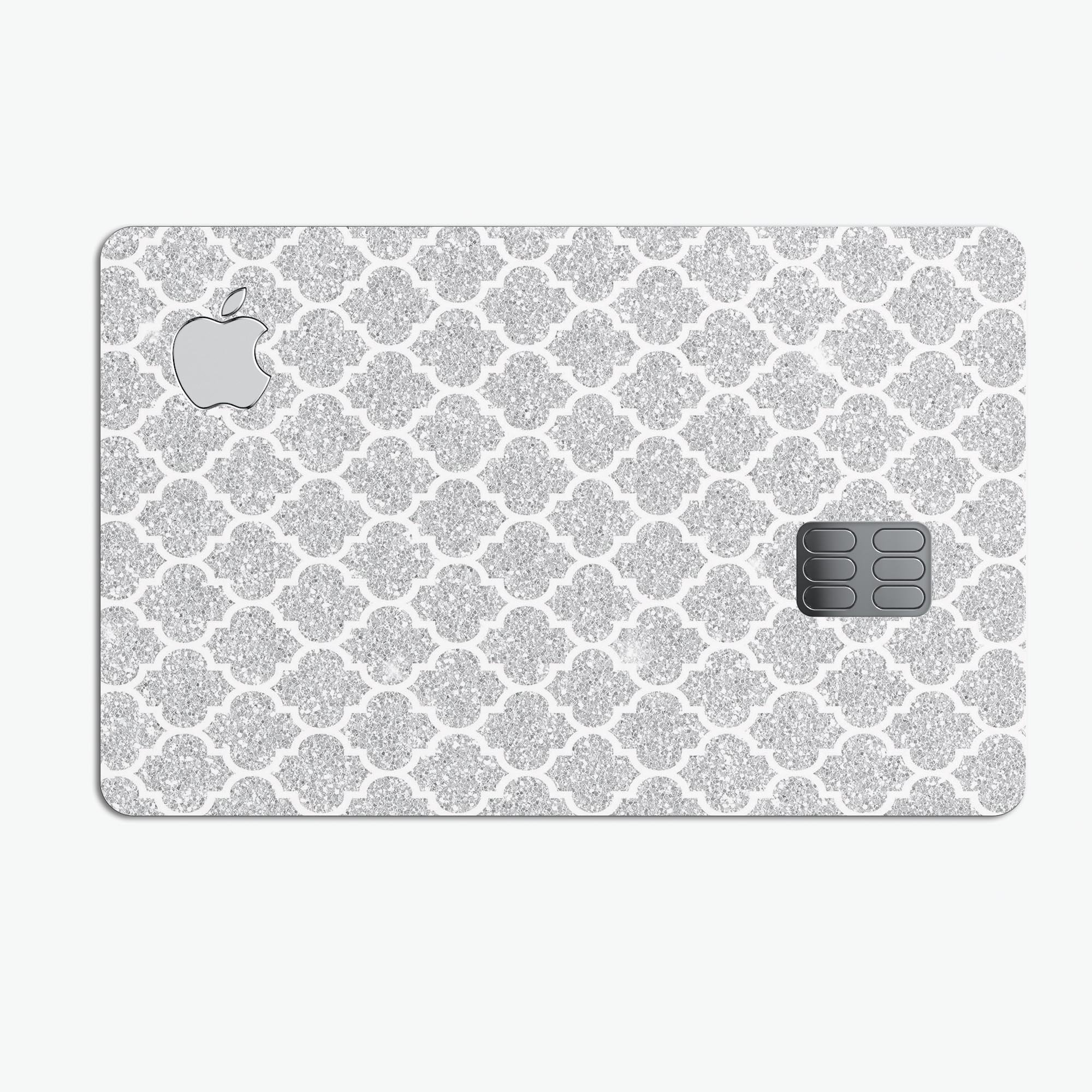 Pink and Silver Glitter 0006 Quatrefoil Premium Protective Decal for Apple Card, showcasing its stylish design and protective features.