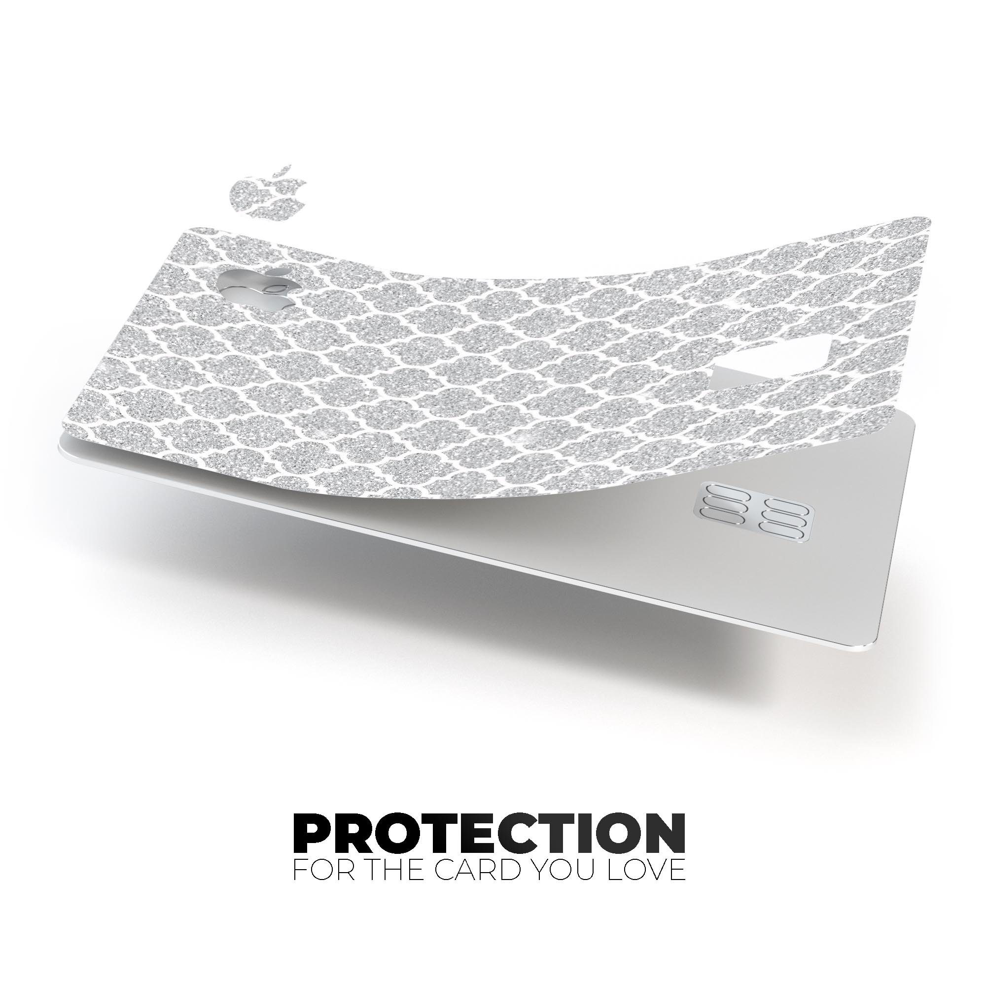 Pink and Silver Glitter 0006 Quatrefoil Premium Protective Decal for Apple Card, showcasing its stylish design and protective features.